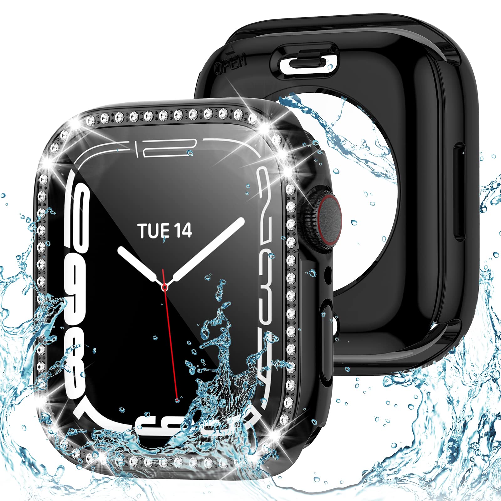 2 In 1 Bling Waterproof Case For Apple Watch Series 8 7 41Mm, 360 Protective Pc Cover Front & Back Bumper With Tempered Glass Sc
