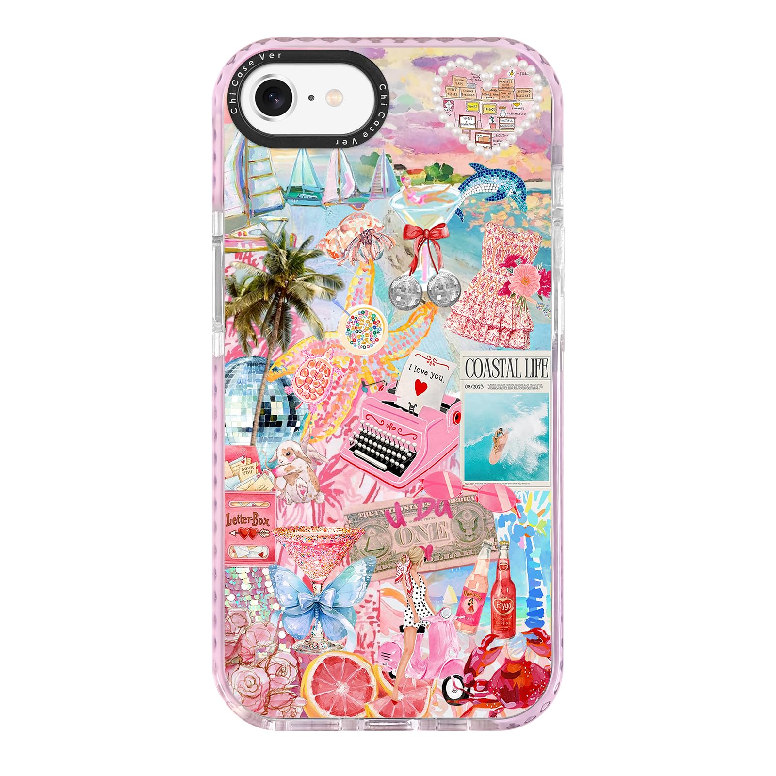 ChiCaseVer for iPhone 7/8/SE Case, Coastal Life Pattern with Tropical Collage, Military-Grade Drop Protection, Pink Paradise Sof