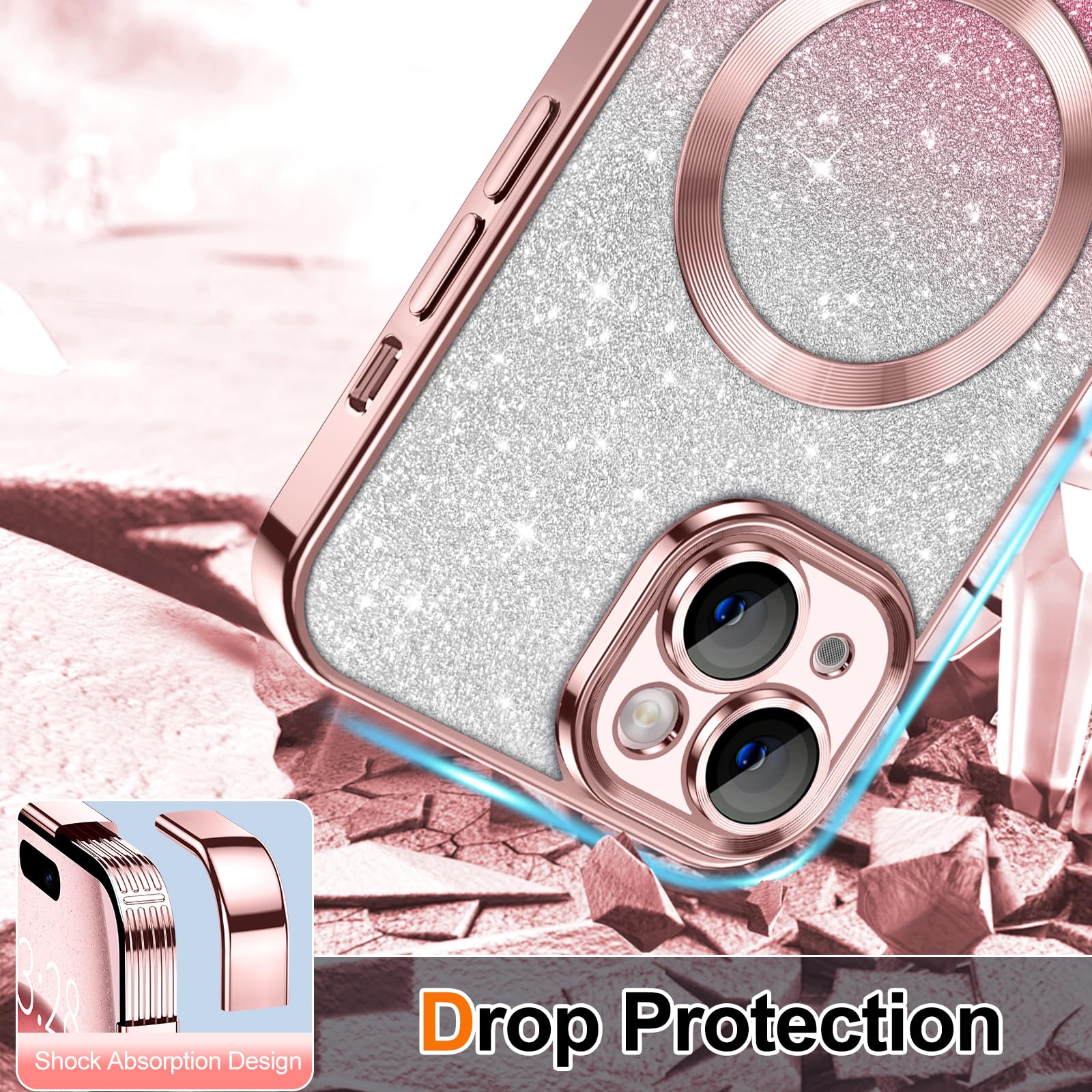 Hython For Iphone 15 Case Clear Magnetic Glitter Phone Cases [Compatible With Magsafe] Full Camera Lens Protector Slim Gradient