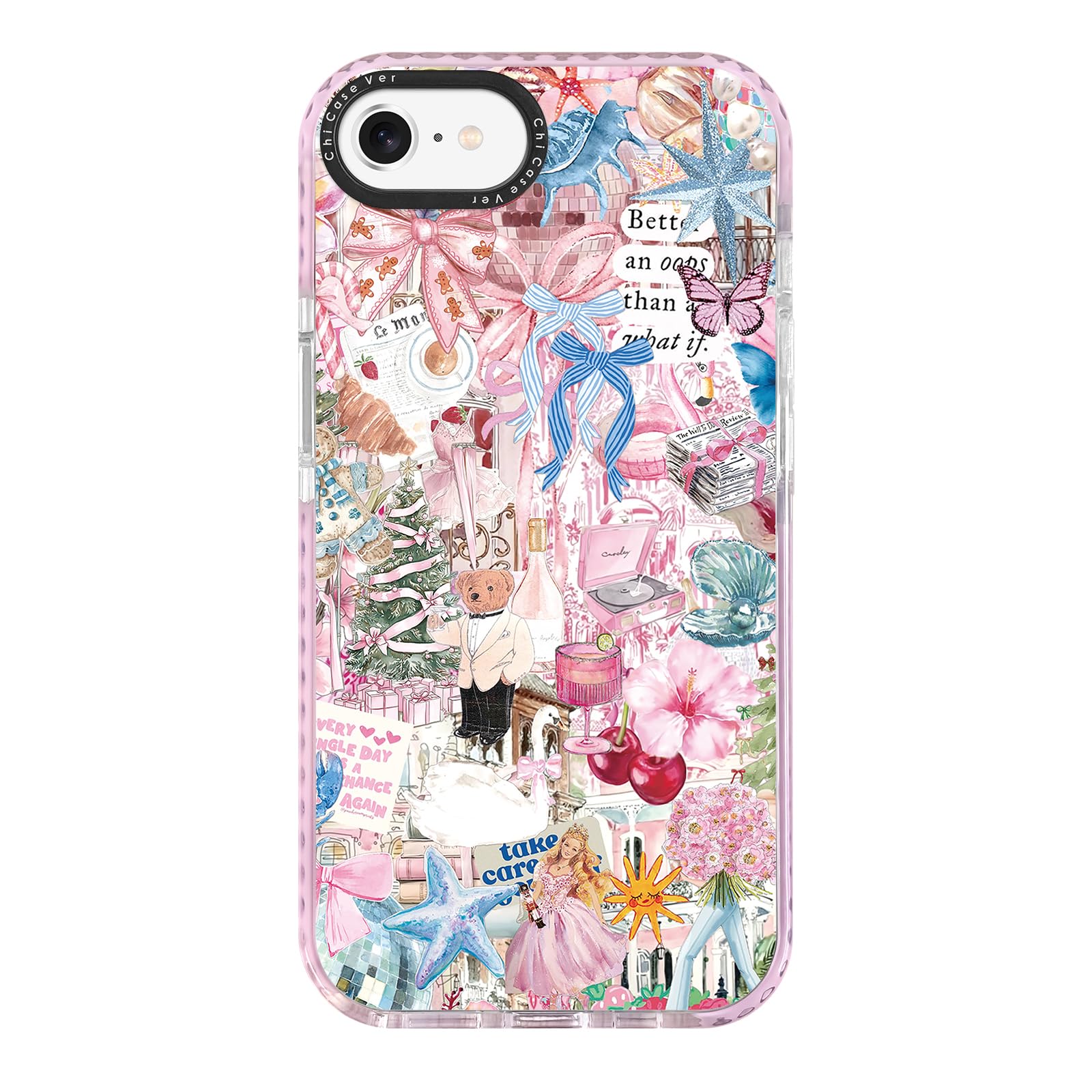 ChiCaseVer for iPhone 7/8/SE Case, Pink Romantic Collage Pattern with Ballerinas & Christmas Trees, Inspirational Soft Slim TPU 