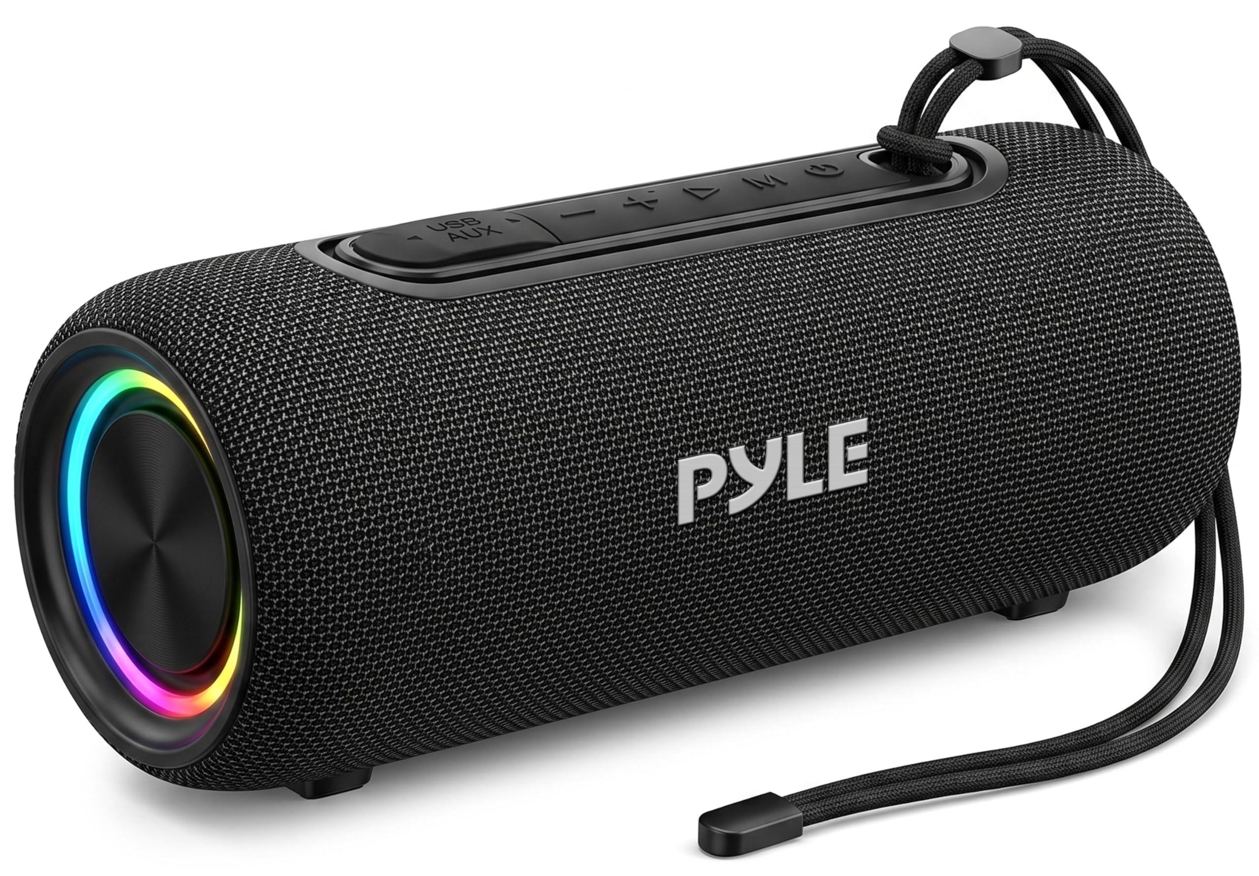 Pyle Portable Bluetooth Speaker  IPX5 Waterproof, MultiColor LED, TWS Stereo Pairing, USB/AUX/FM, 20W Peak Power, 5H Battery, 