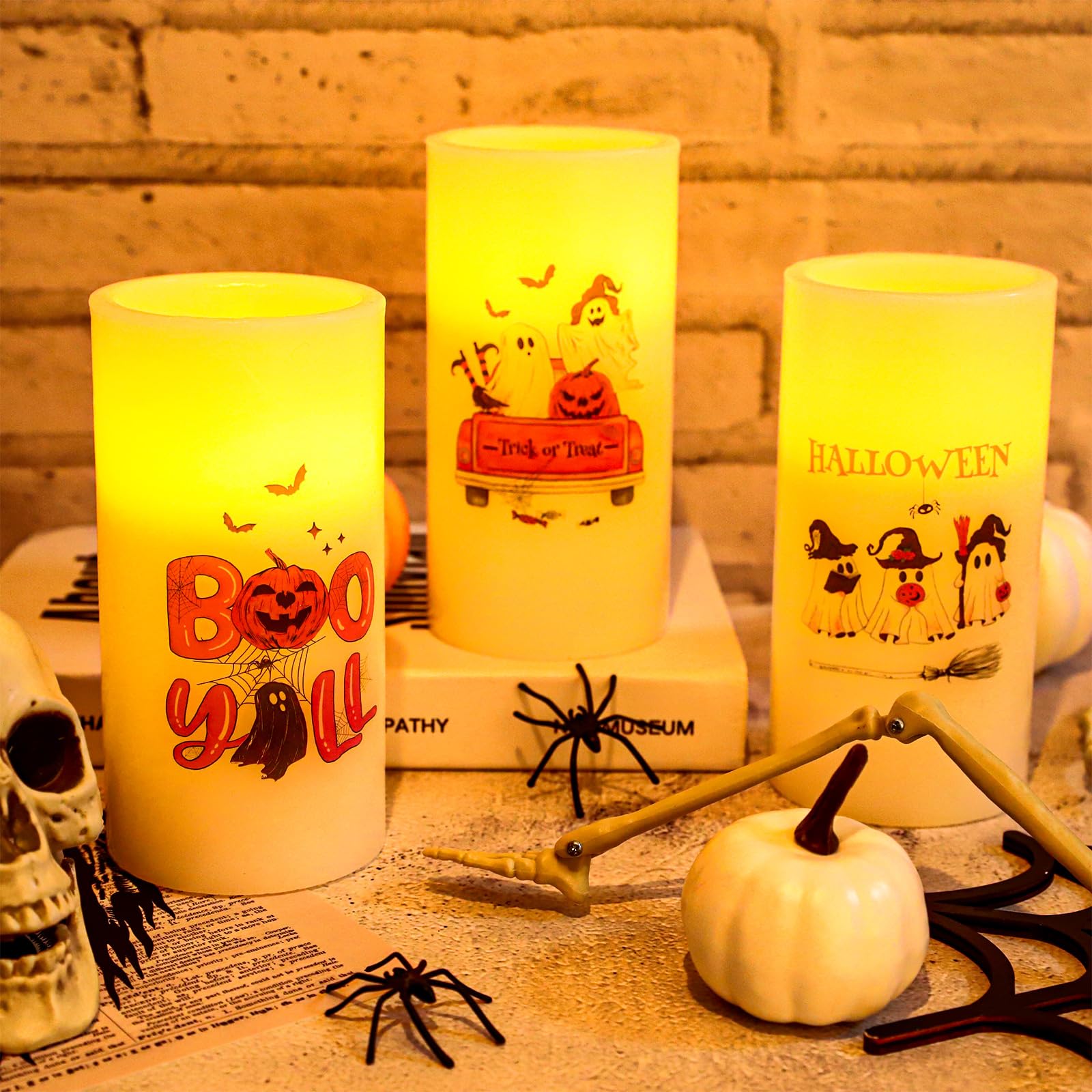 Whaline Halloween Led Flameless Candles Pink Ghost Pumpkin Warm Light Battery Operated Pillar Candles Electric Flickering Candle