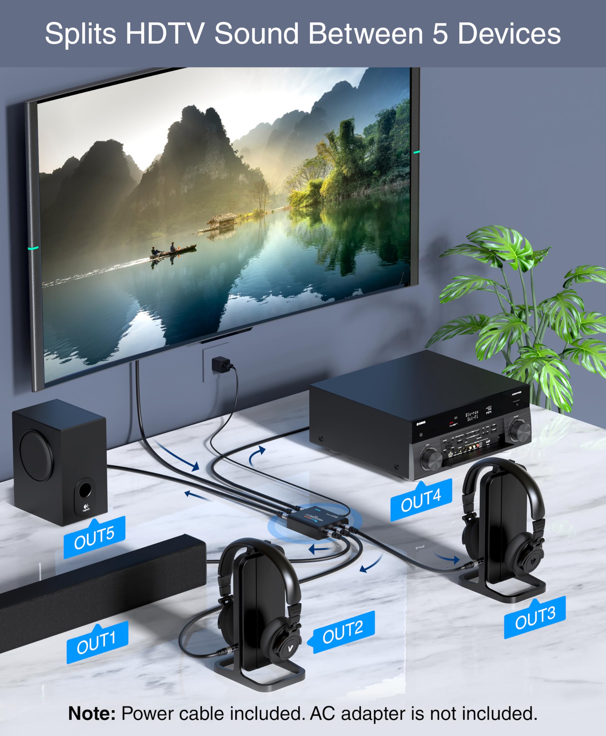 Bluerigger Digital Optical Audio Splitter 1X5 (Active Toslink Splitter 1 In 5 Out, Spdif, Fiber Optic Audio Adapter)   For Home