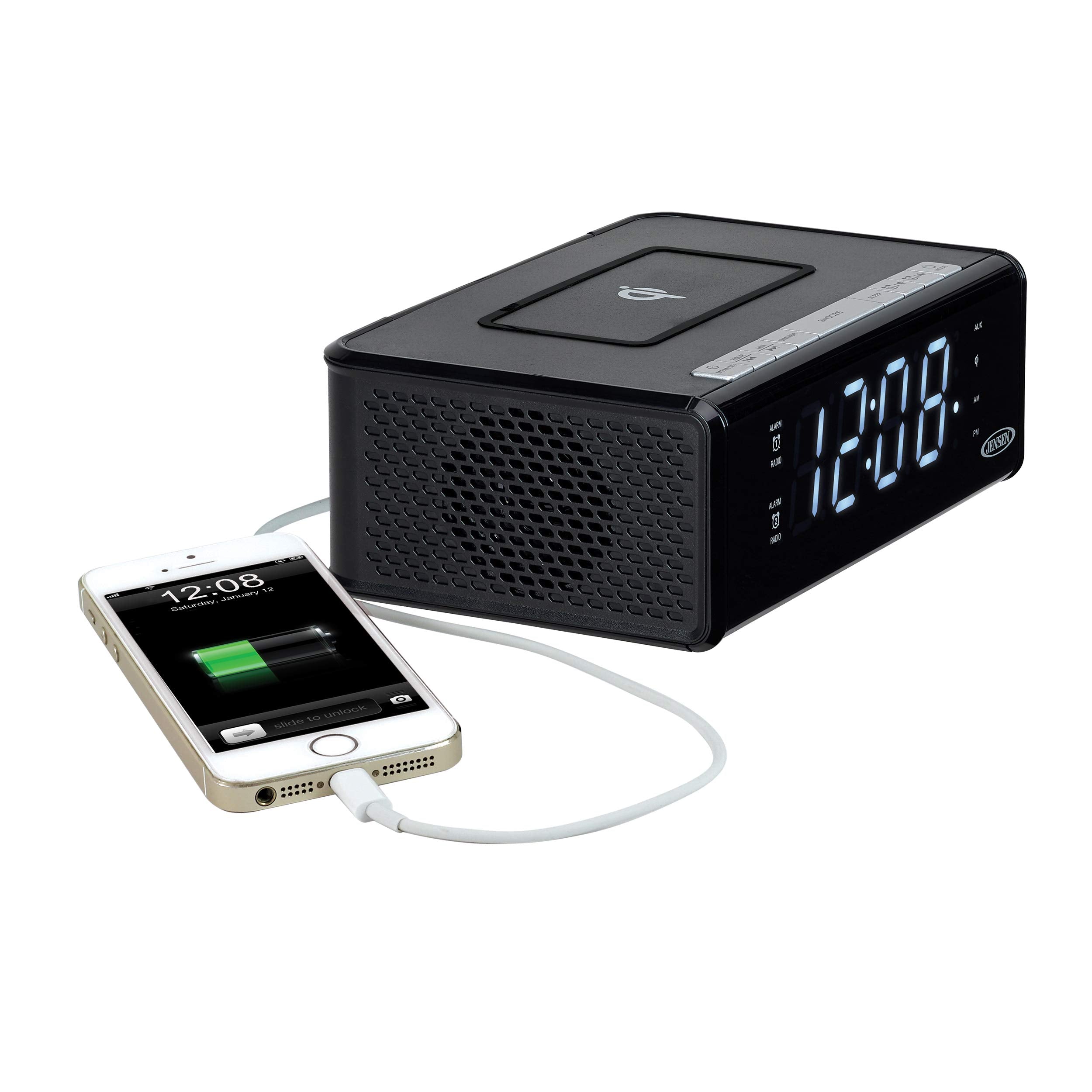 Jensen Qicr-200 Dual Alarm Clock Radio With Qi Charging, White, 9.40In. X 5.00In. X 3.00In.