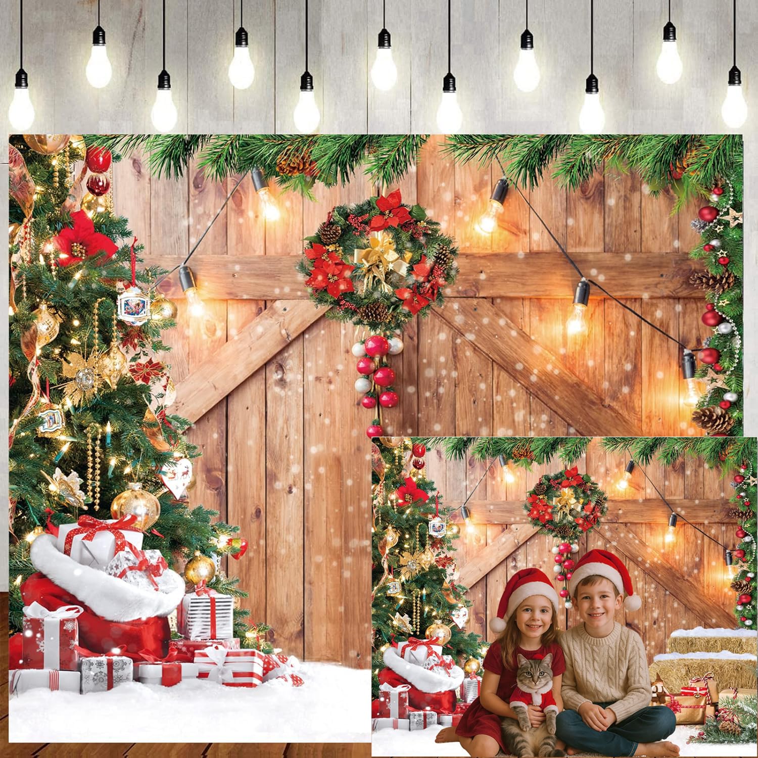LTLYH 7x5ft Christmas Barn Door Backdrop Christmas Rustic Wooden Wall Background Xmas Tree Snow Holiday Party Banner Decoration 