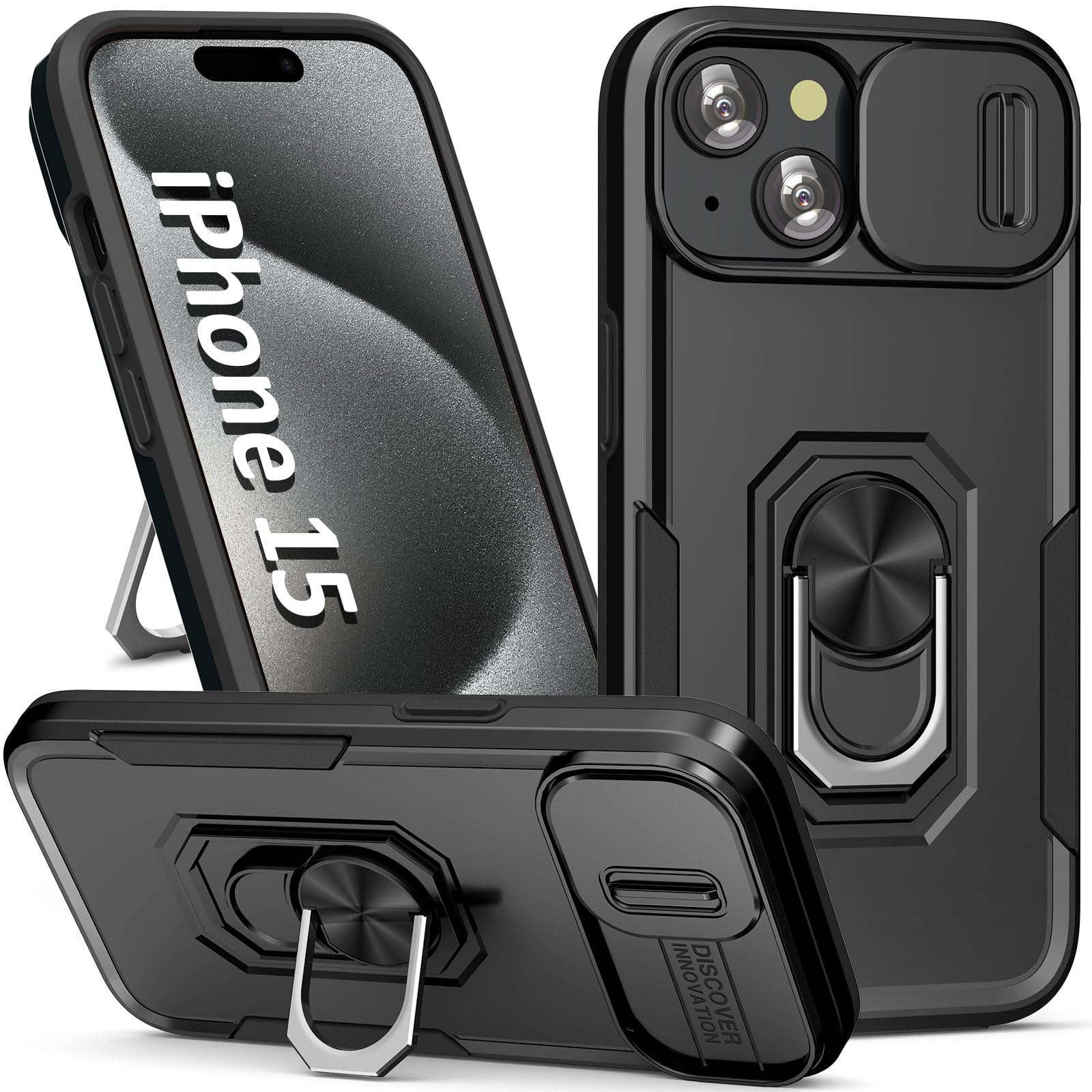 Sefing Case For Iphone 15 Phone Case Iphone 15 Case With Slide Camera Cover, With Finger Ring Holder Stand, Fit Magnetic Car Mou