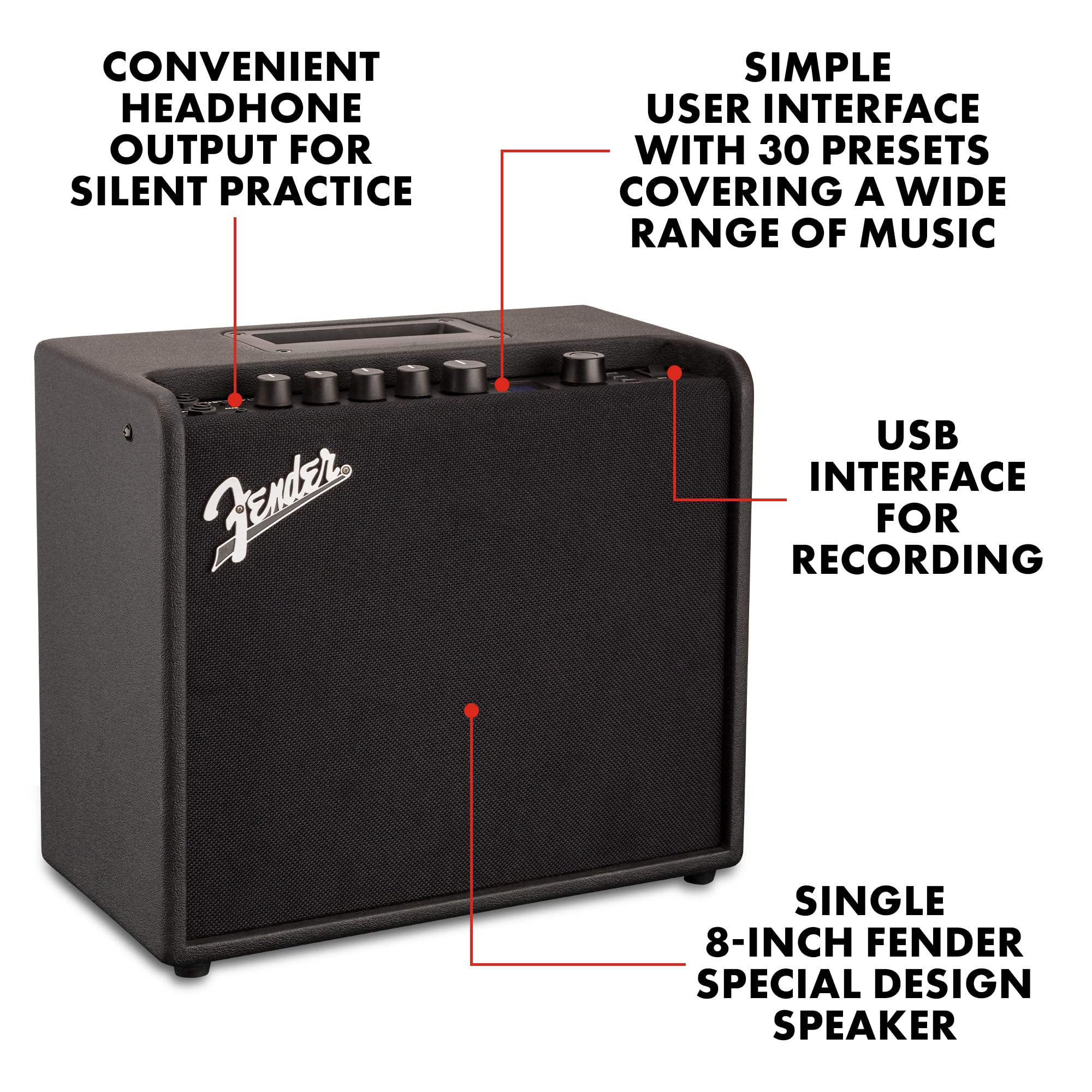 Fender Mustang Lt25 Guitar Amp, 25 Watt Combo Amp, With 2 Year Warranty, 30 Preset Effects With Usb Audio Interface For Recordin
