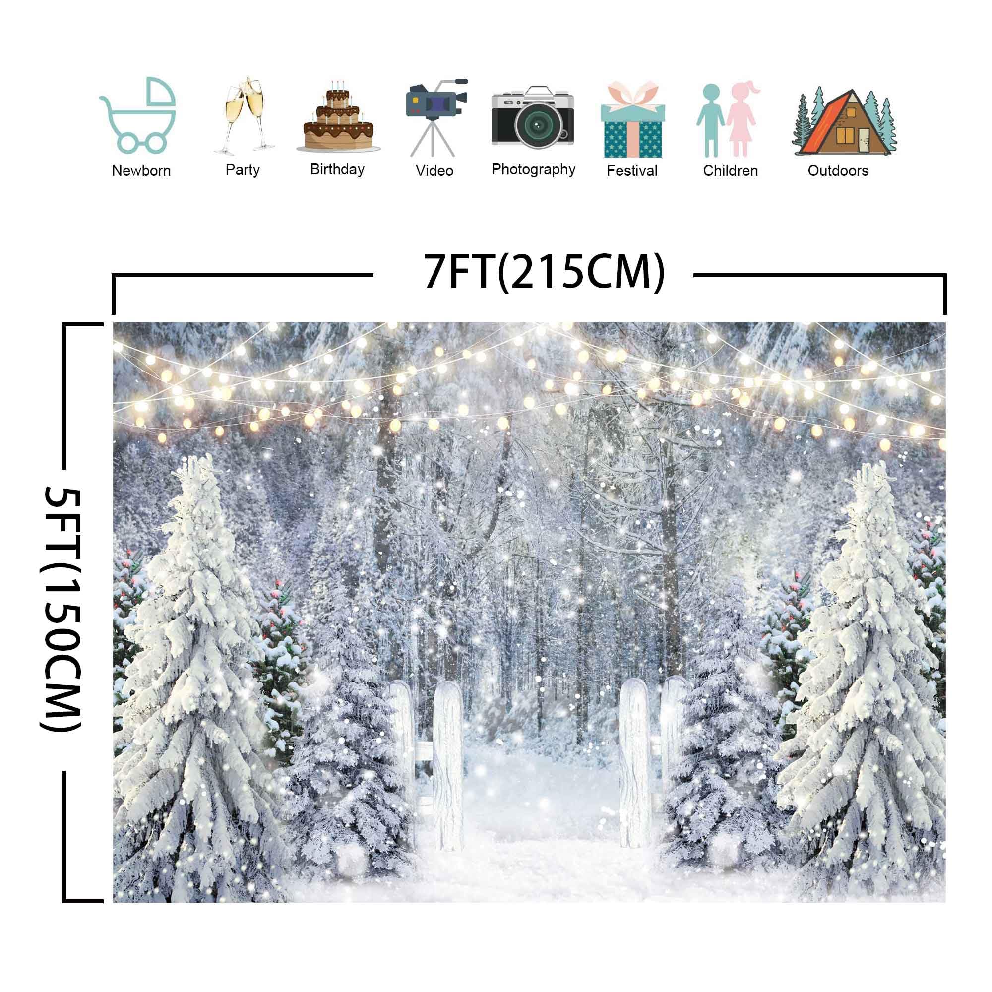 Livucee 7X5Ft Polyester Fabric Winter White Snowy Forest Backdrop For Photography Christmas Glitter Wonderland Nature Xmas Trees