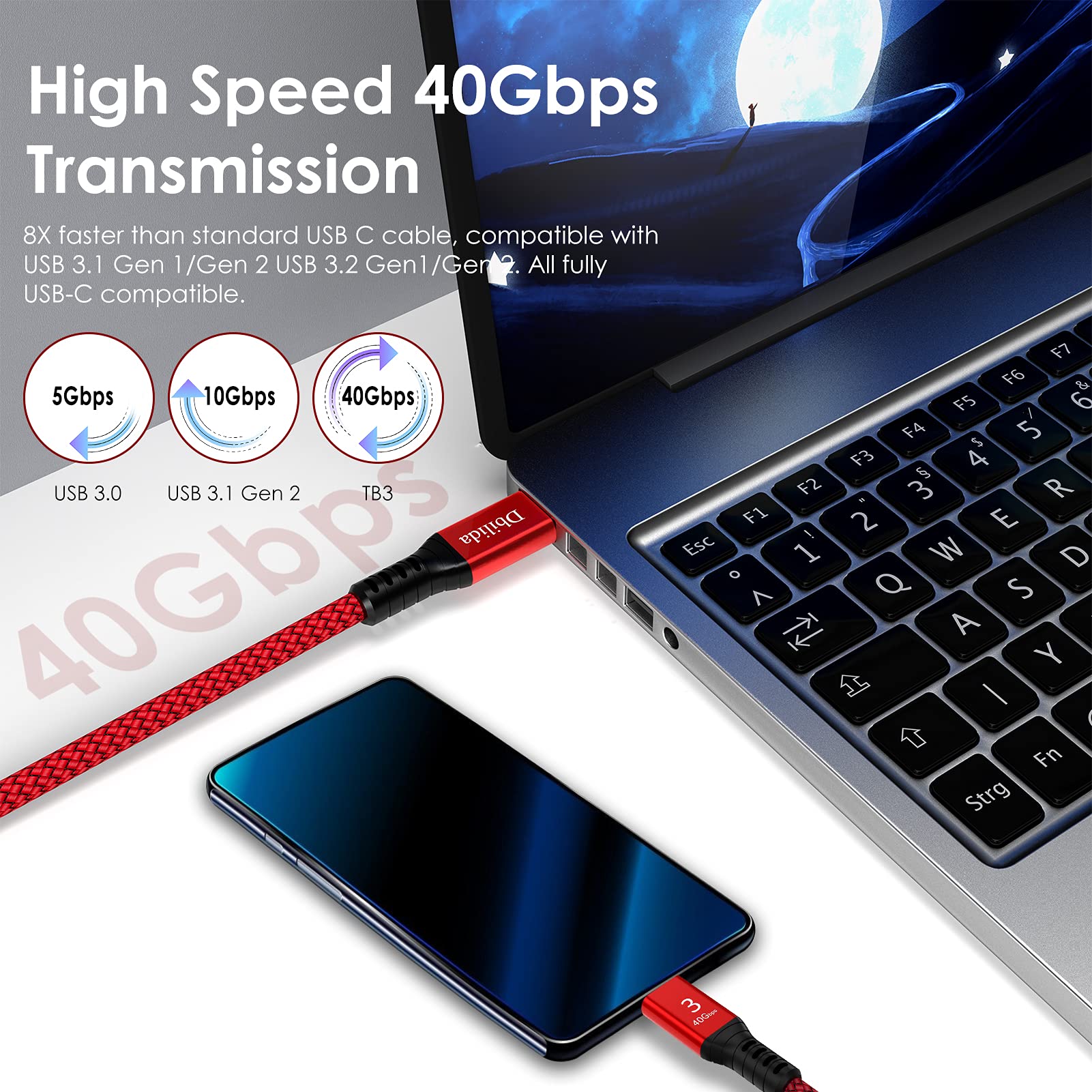 Dbilida 240W For Thunderbolt 3 Cable 40Gbps 6.6 Ft, Usb C Cable With Pd 3.1, Single 8K/5K@60Hz, 4K 144Hz Dual 4K For Iphone 15/Plus/Pro/Pro Max, Egpu,Macbook Pro, Docking, Hub, Ssd