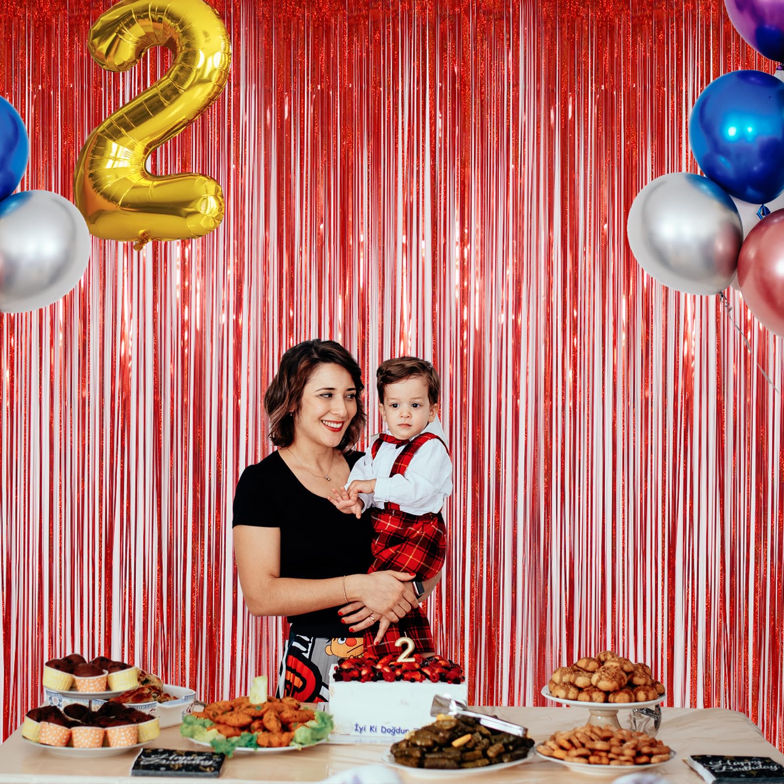 Red Foil Fringe Curtain Party Decorations, Melsan 3.2 X 8 Ft Metallic Tinsel Curtains Streamer Backdrop For Christmas, Birthday,