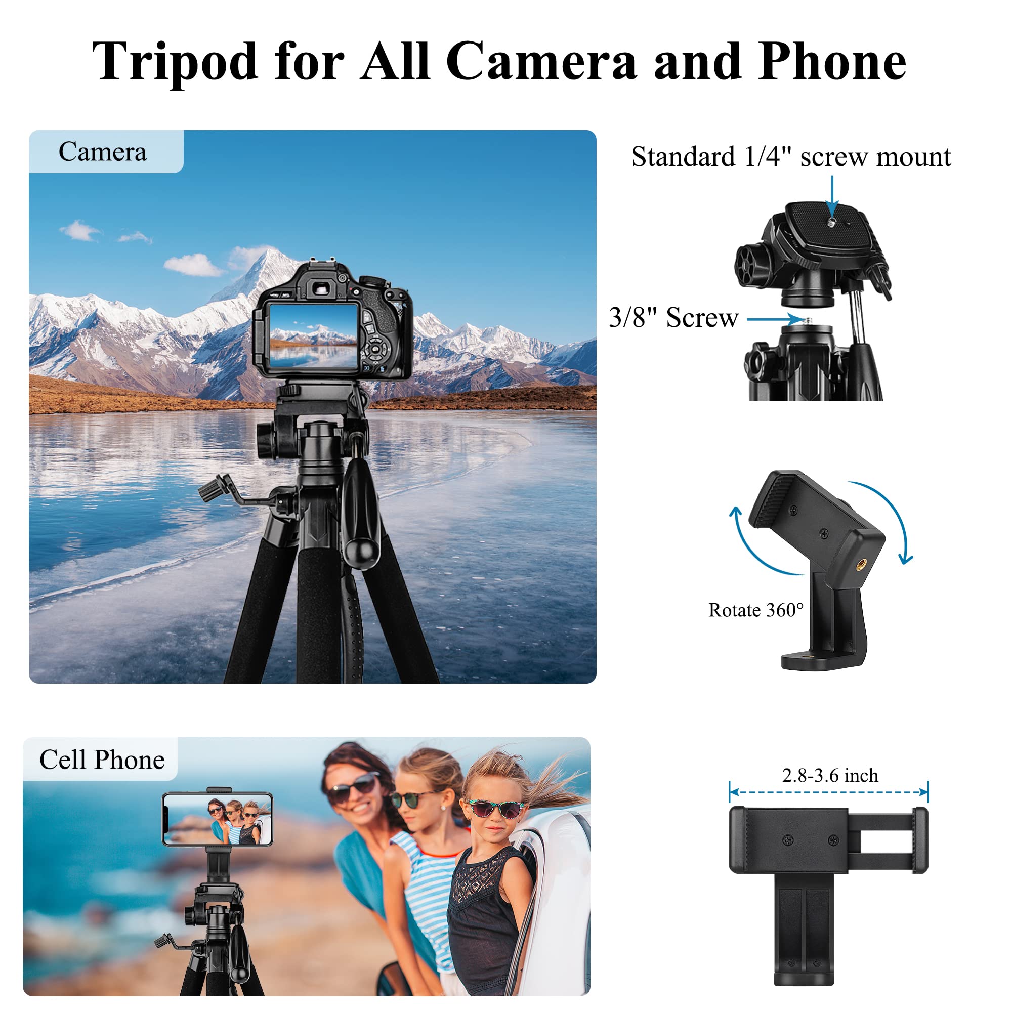 Victiv 74� Camera Tripod, Tripod For Camera And Phone, Aluminum Heavy Duty Tripod Stand For Canon Nikon With Carry Bag And Phone Holder, Compatible With Dslr, Iphone, Spotting Scopes, Max Load 15 Lb