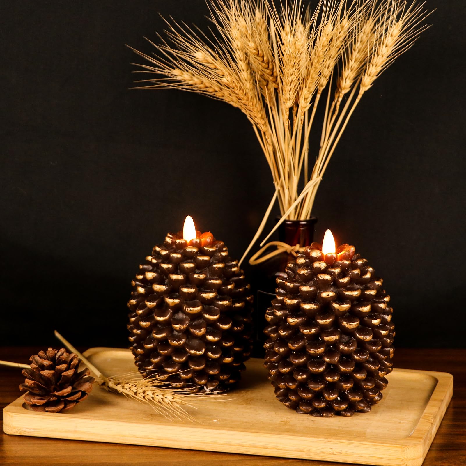 Dromance Flameless Pinecone Candles Battery Operated With 6 Hour Timer Set Of 2 Real Brown Wax Flat Wick Led Flickering Pillar C