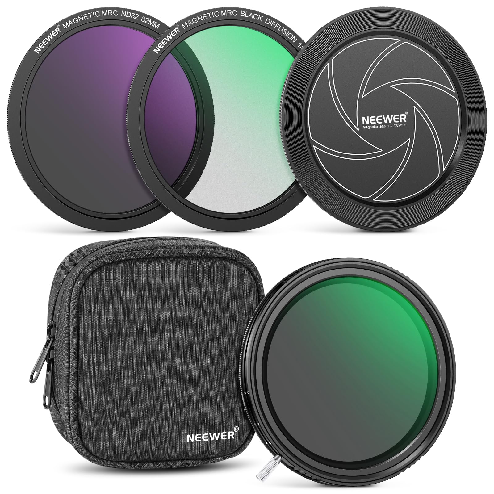 Neewer 82Mm Versatile Magnetic Nd Filter Kit (1 9 Stops), 2 In 1 Variable Nd2 Nd32&Cpl(Circular Polarising)+Nd32+Black Diffusion