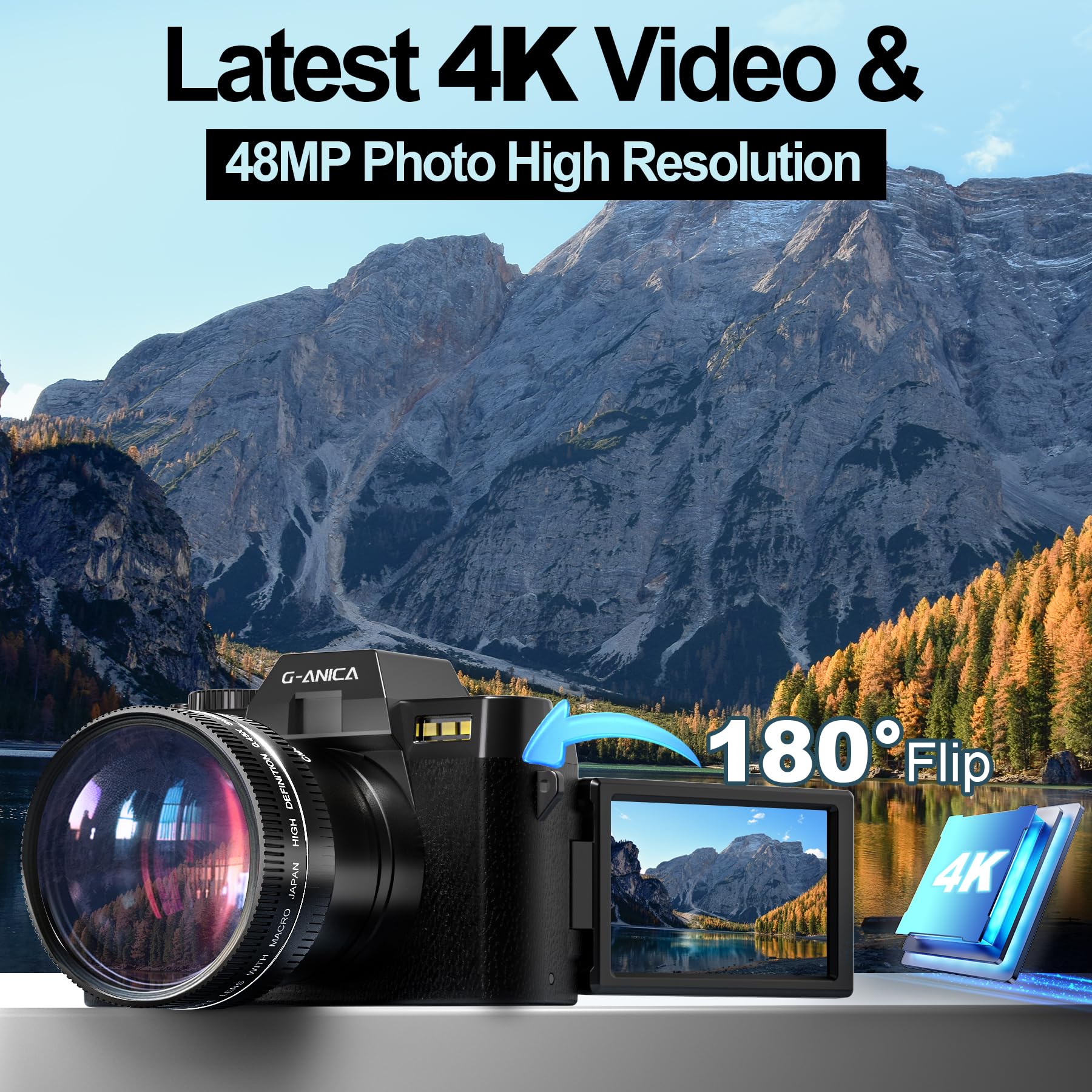 G Anica 4K Digital Cameras For Photography, 48Mp Vlogging Camera For Youtube With Wifi, 180 Flip Screen Compact Camera With Flas