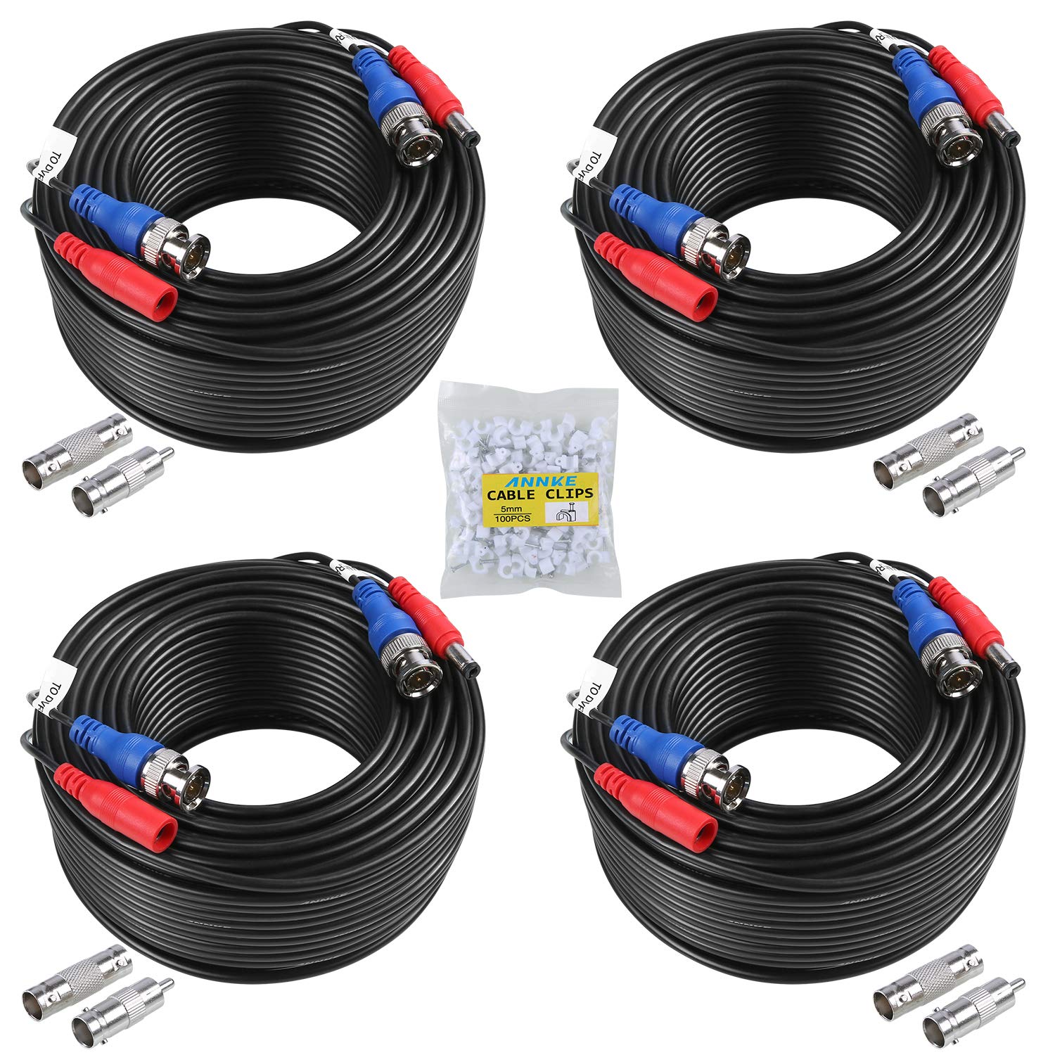 Sannce 4 Pack 100Ft Bnc Video And Power Security Camera Cable With Bnc Connectors And Rca Adapters For Cctv Camera System 100Pcs Cable Clips (Black)