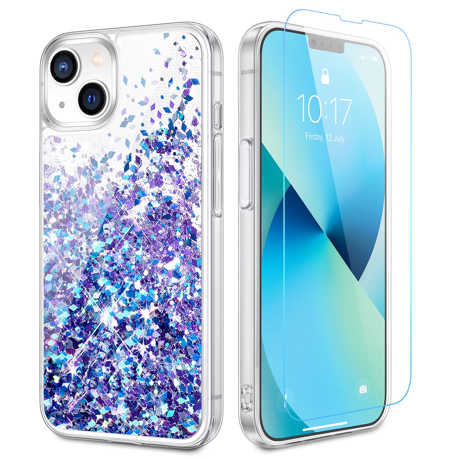 Caka For Iphone 13 Case, Iphone 14 Case Glitter With Screen Protector For Women Girls Liquid Bling Sparkle Floating Quicksand Tr