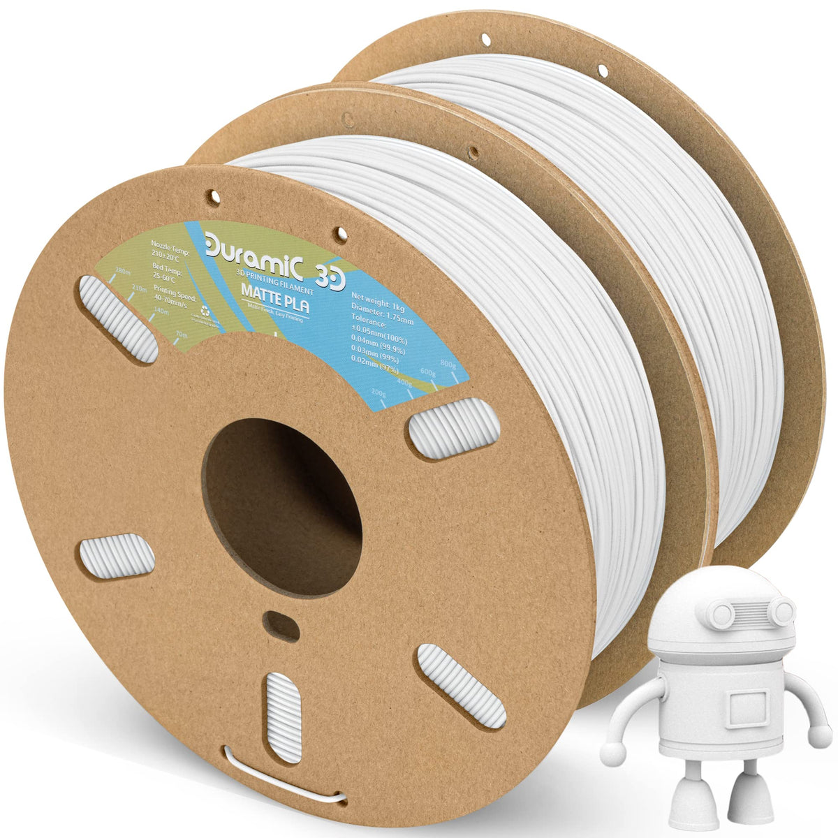 Duramic 3D Matte Pla Filament 1.75Mm White 2 Pack, 1Kg Cardboard Spool Matte Finish 3D Printer Filament Pla 1.75Mm Dimensional A