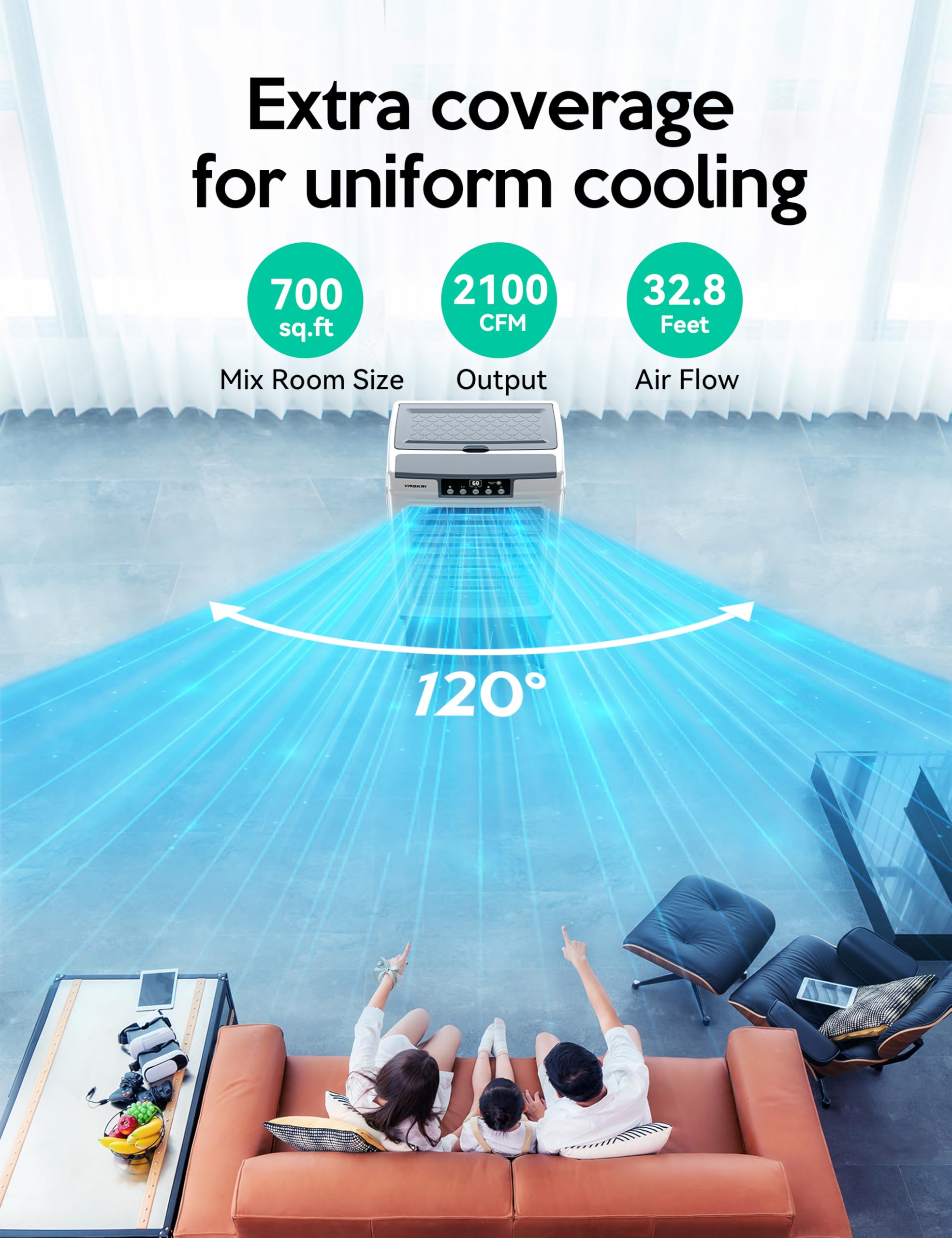 Evaporative Cooler, Vagkri 2100Cfm Air Cooler, 120?Scillation Swamp Cooler With Remote Control, 24H Timer, 3 Wind Speeds For Out