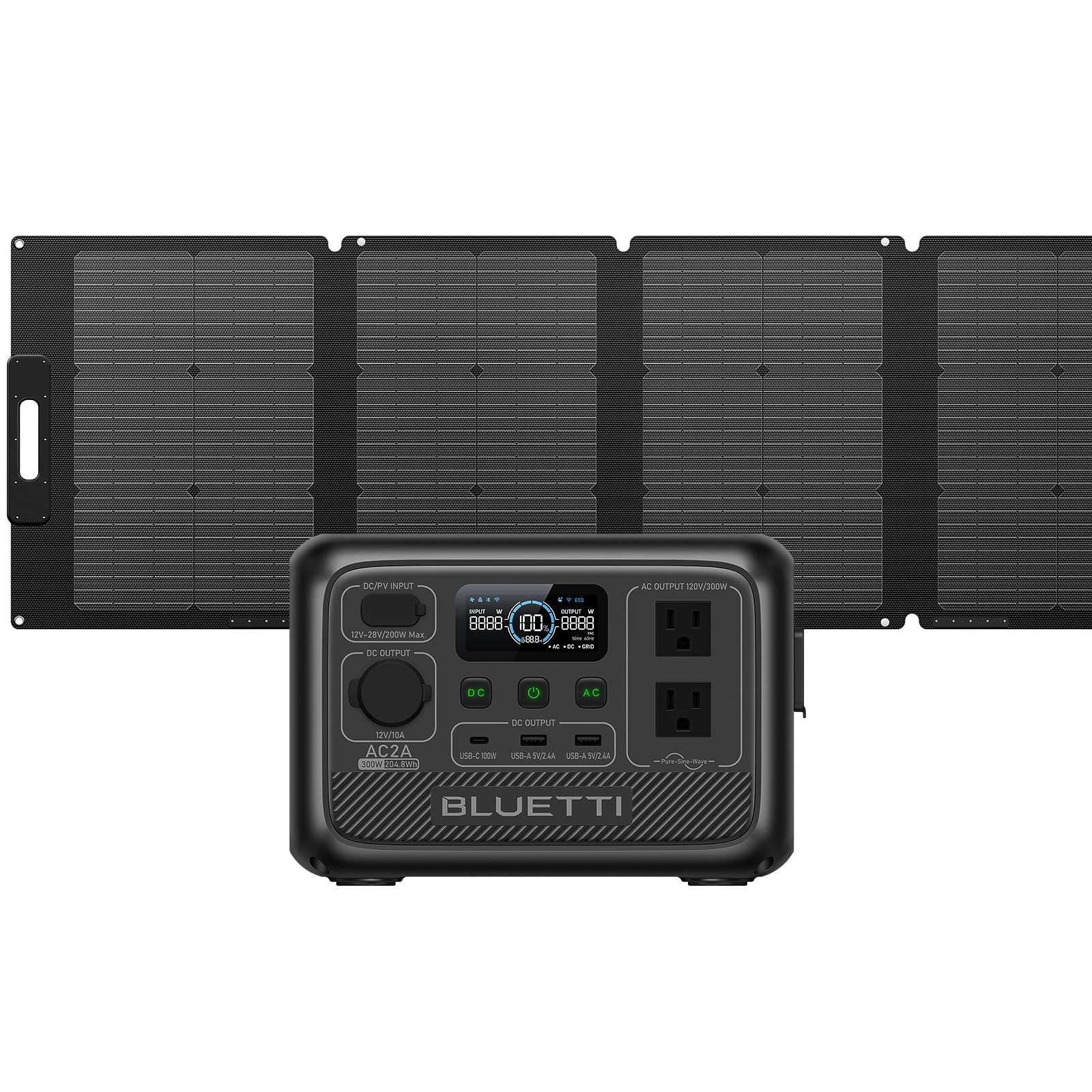 Bluetti Portable Power Station Ac2A With 120W Solar Panel, 204Wh Lifepo4 Battery Backup W/ 2 300W (600W Power Lifting) Ac Outlet