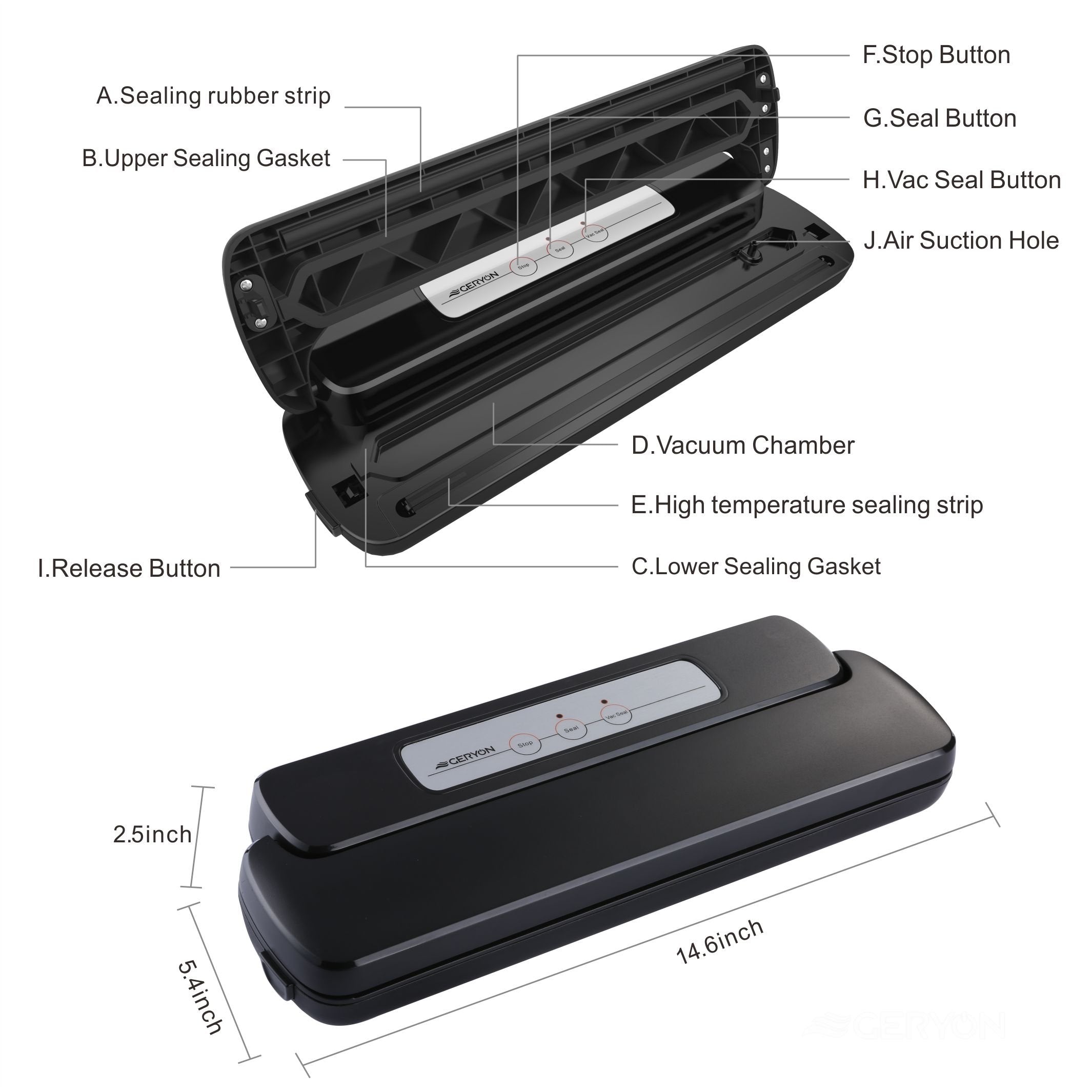 GERYON Vacuum Sealer Machine E2900M - Powerful Suction, Slim Design, Black, 8 Functions, Easy to Use, Includes Starter Kits for Meal Prep
