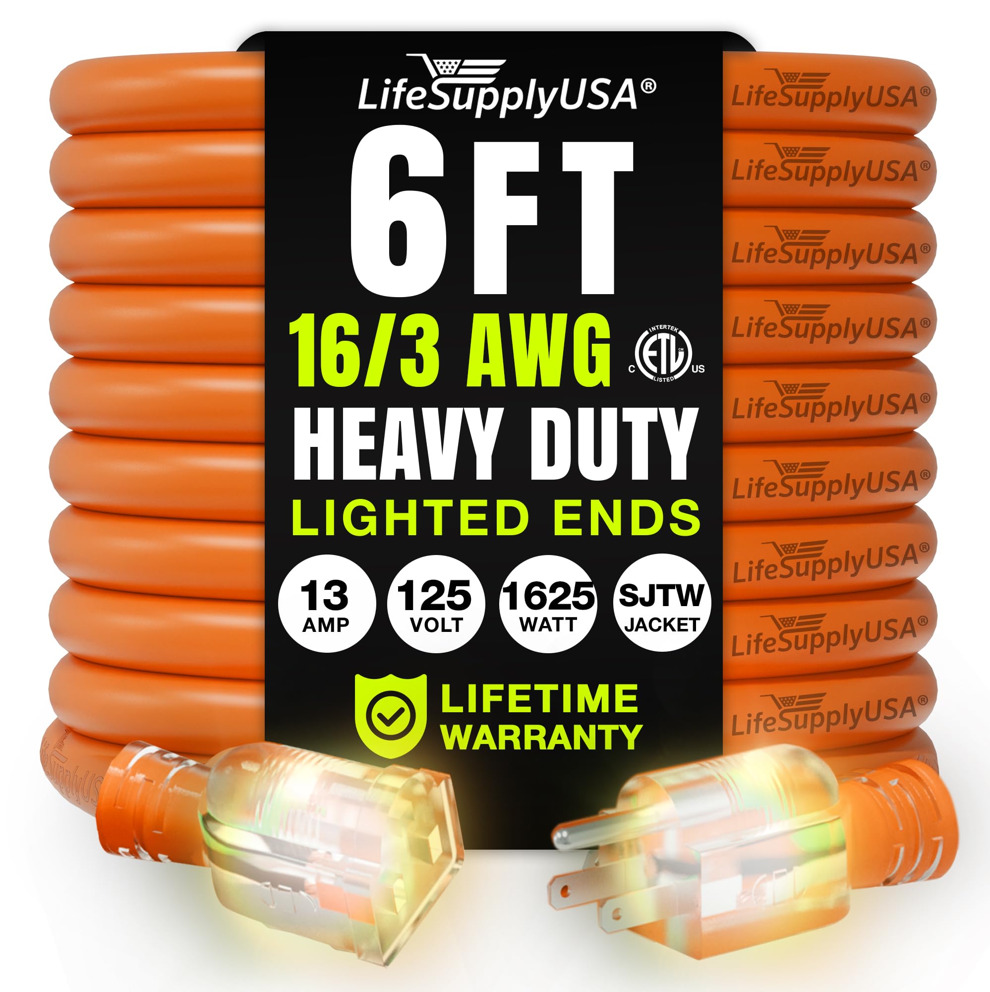 6Ft Power Outdoor Extension Cord & Indoor   Waterproof Electric Drop Cord Cable   3 Prong Sjtw, 16 Gauge, 13 Amp, 125 Volts, 162