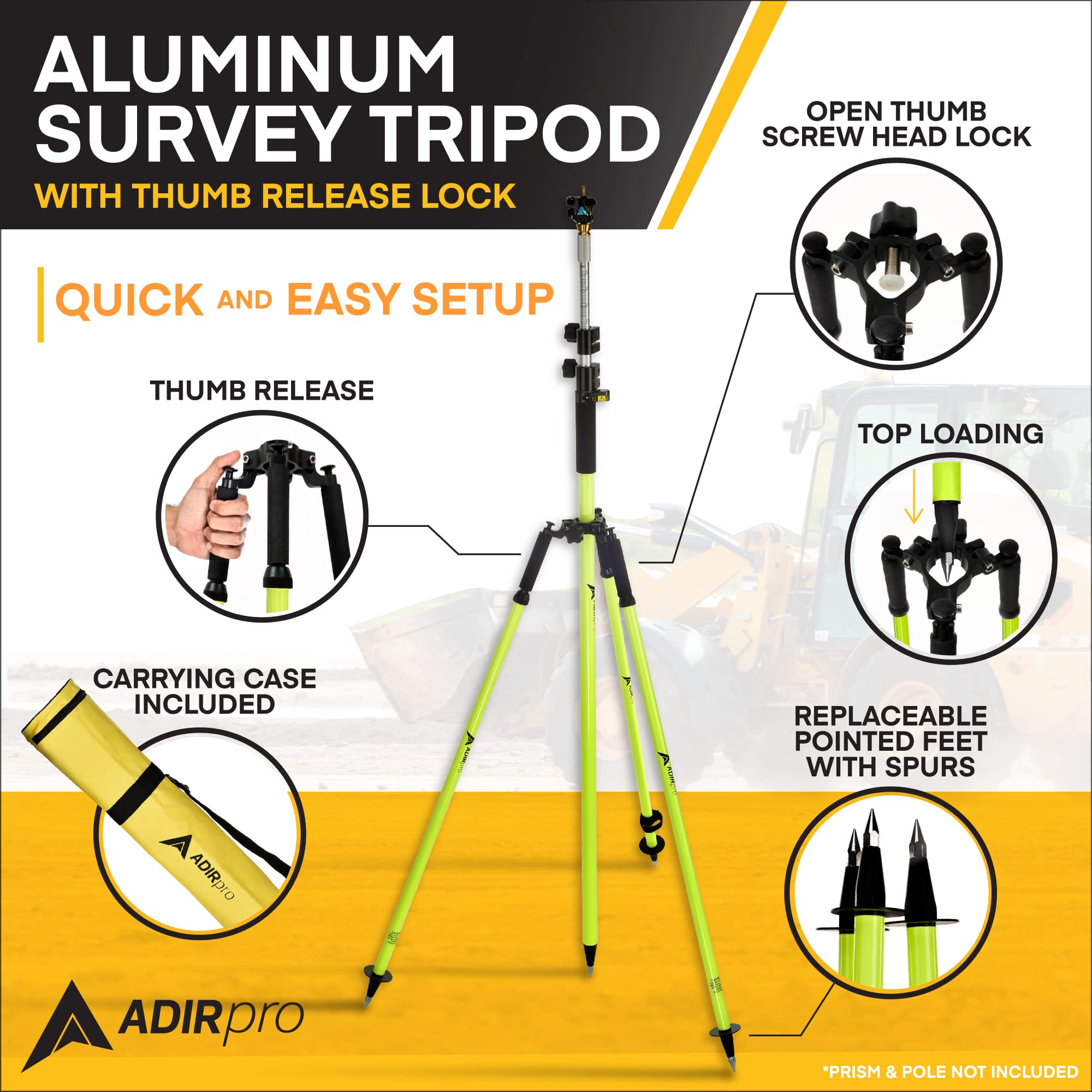 Adirpro Prism Pole Tripod � Aluminum Range Pole Tripod � Use For Survey Pole, Rover Rod, Gps Pole � Gnss Rtk Rod Stand   Survey Equipment For Total Station Surveying (Fluorescent Green)