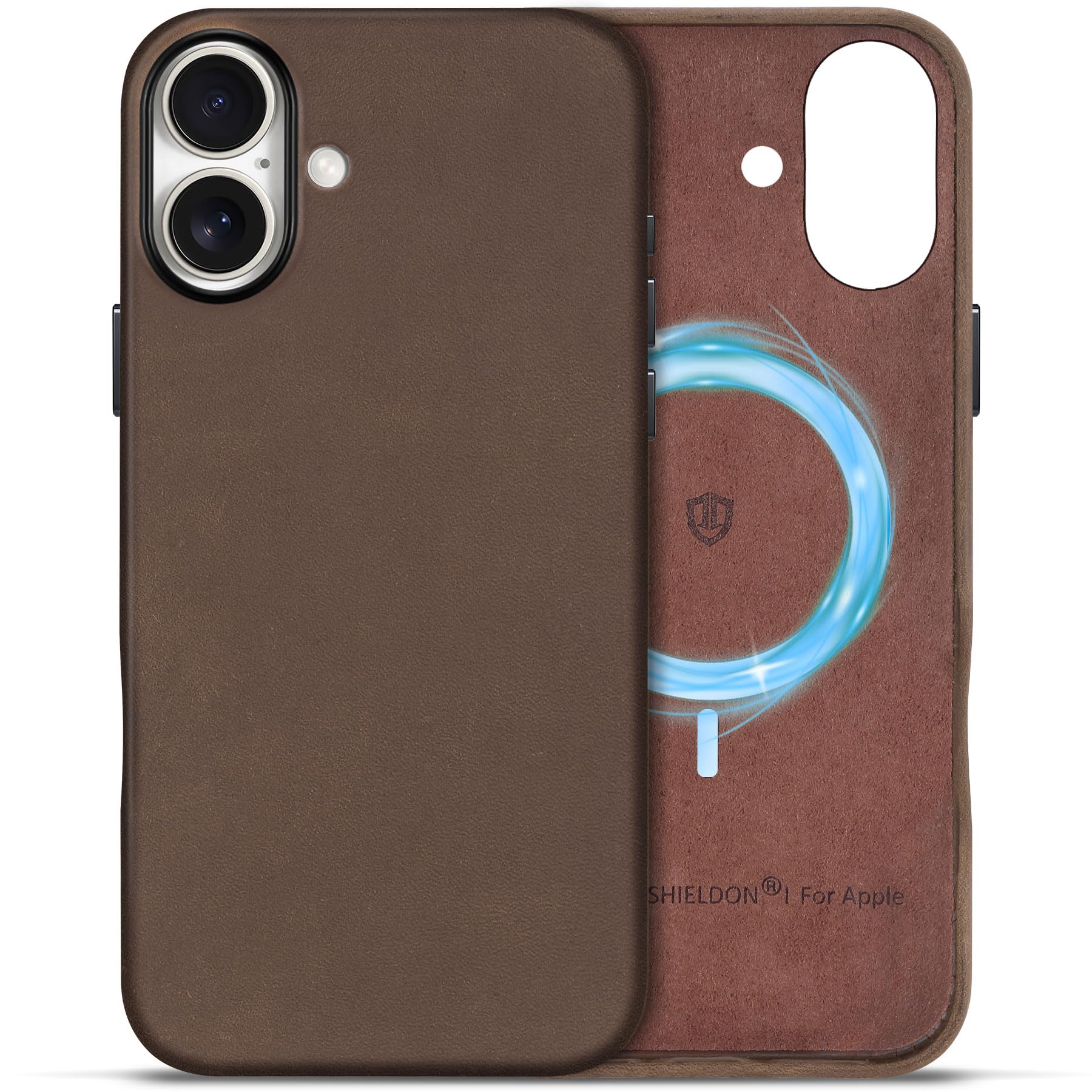 Shieldon Case For Iphone 16 Plus 5G, Top Grain Crazy Horse Leather Magnetic Wireless Charging Anti-Scratch Non-Slip Shockproof C