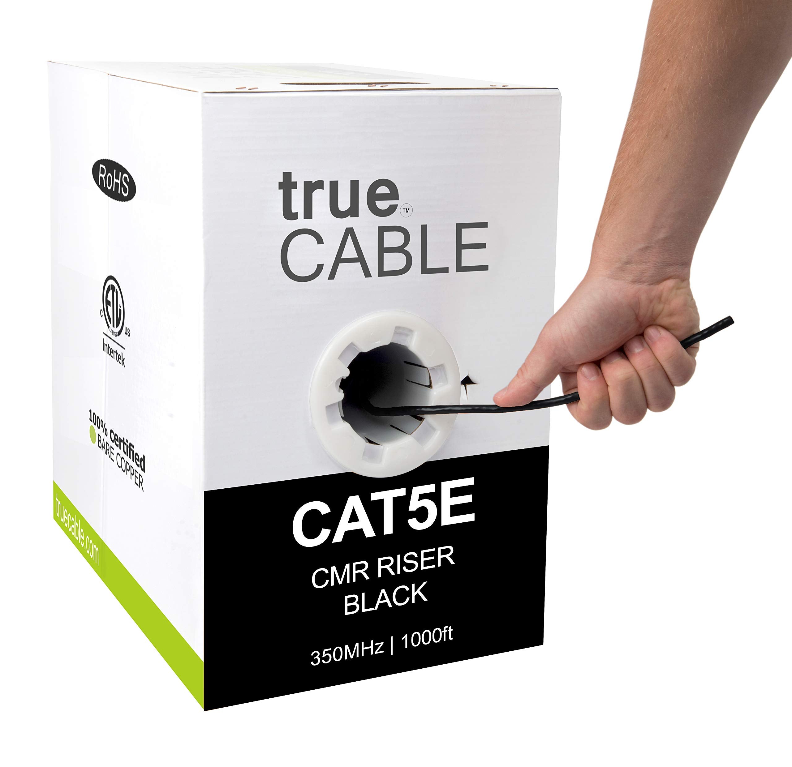 Truecable Cat5E Riser (Cmr), 1000Ft, Black, 24Awg 4 Pair Solid Bare Copper, 350Mhz, Poe++ (4Ppoe), Etl Listed, Unshielded Twisted Pair (Utp), Bulk Ethernet Cable