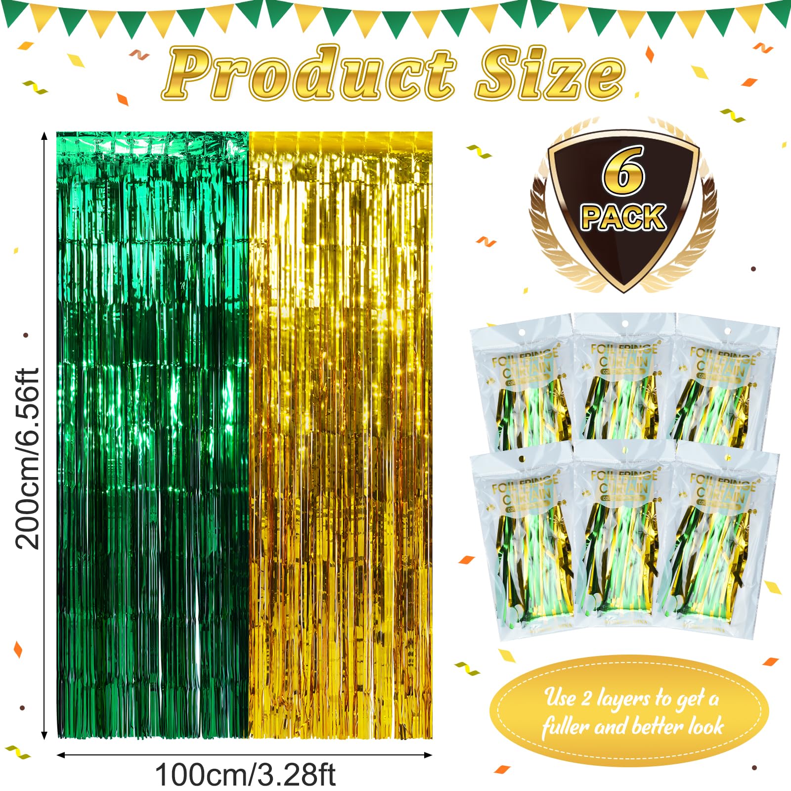 6Pack 3.3Ft X 6.6Ft Graduation Foil Fringe Curtain Backdrop Decorations, Green Gold Metallic Tinsel Foil Streamers Curtain Photo