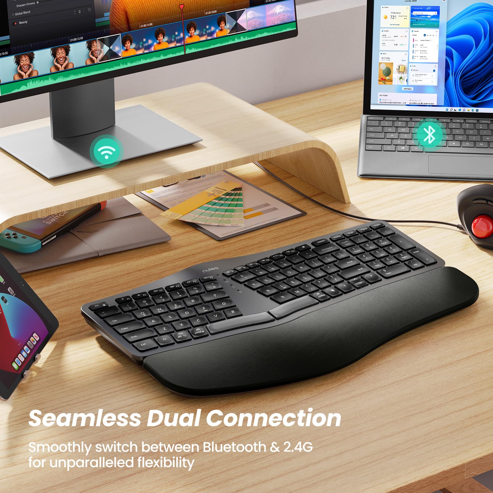 Nulea RT05 Wireless Ergonomic Split Keyboard with Wrist Rest, USB-C, 7-Color Backlight, Bluetooth & USB, Silver