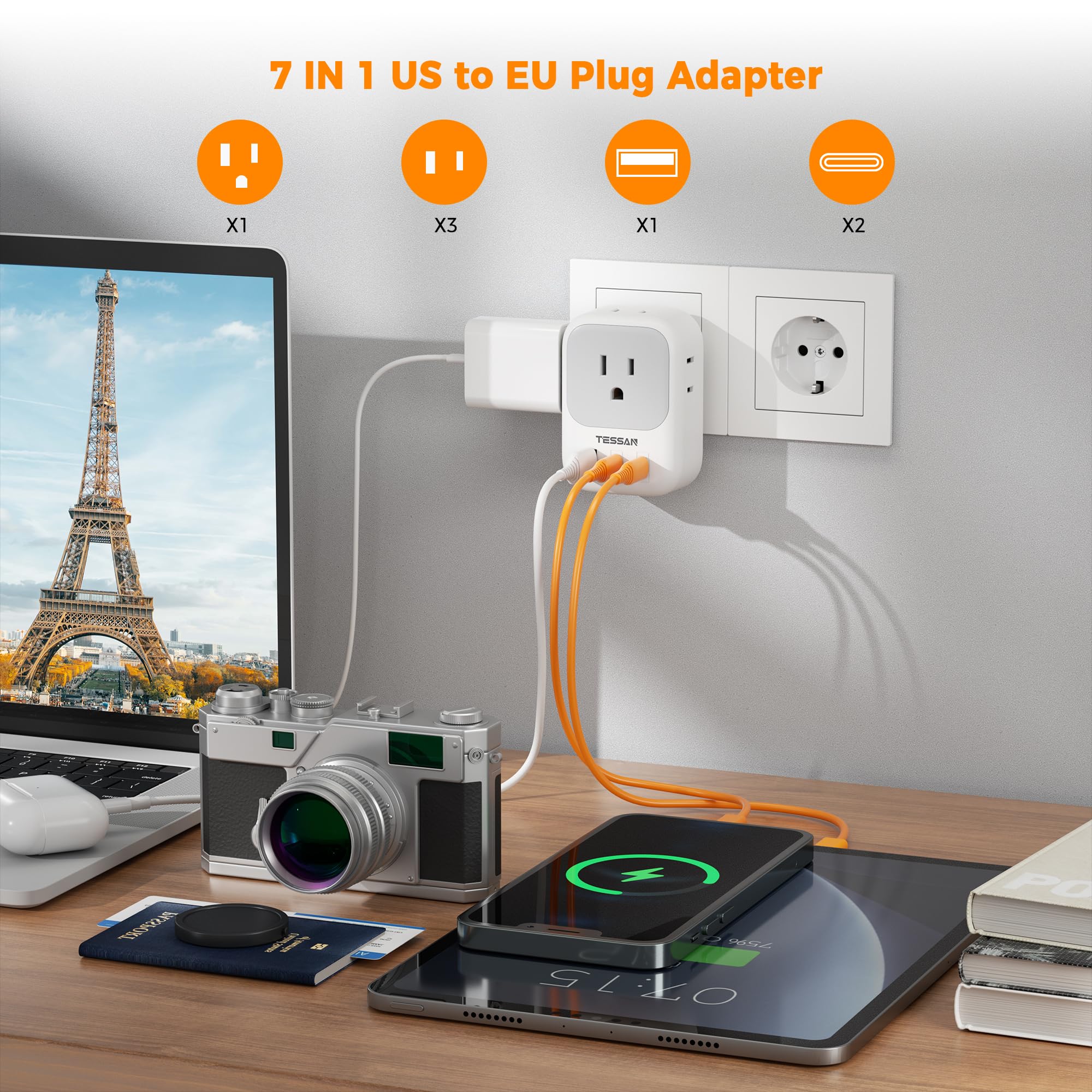 European Travel Plug Adapter, Tessan Type C Power Adaptor With 4 Ac Outlets 3 Usb Ports (2 Usb C), Europe Outlet Converter For U