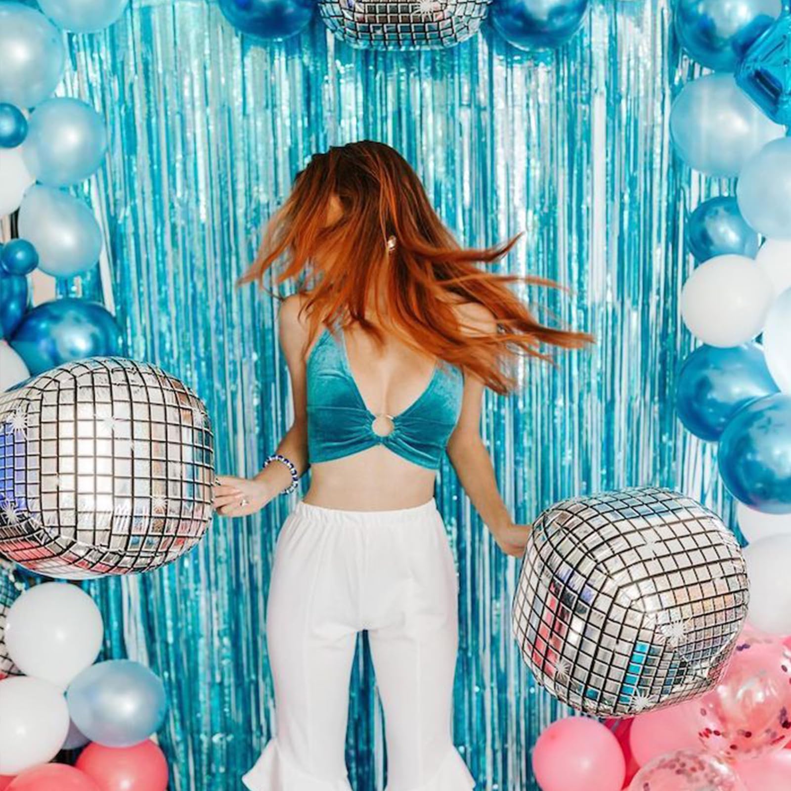 Canrevel 2 Pack 3.3X8.2 Feet Light Blue Foil Fringe Backdrop Curtains, Tinsel Streamers Birthday Party Decorations, Fringe Backd