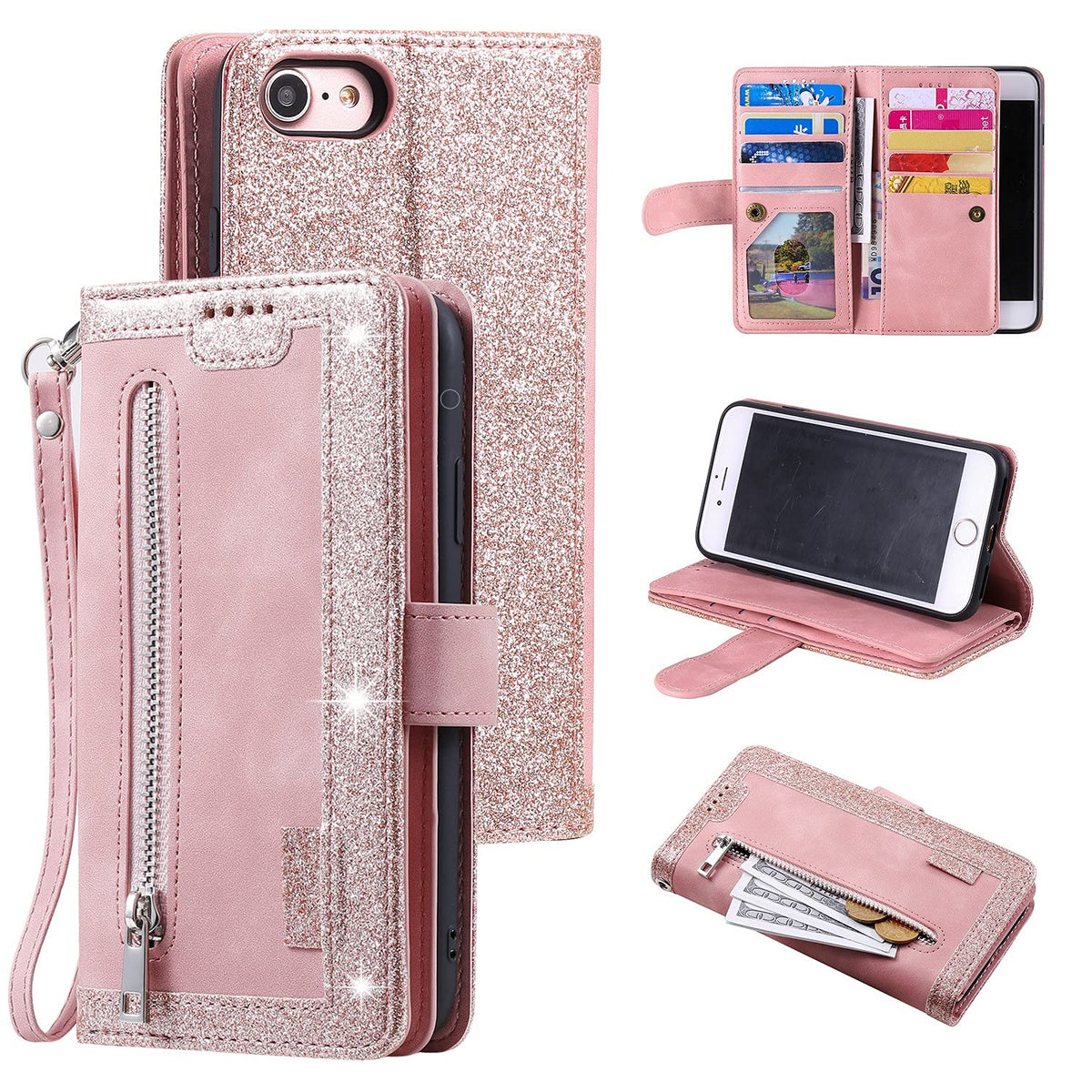 Ueebai Wallet Case For Iphone 6 6S, Retro 9 Card Slots Zipper Pocket Handbag Case Pu Leather Magnetic Closure Kickstand With Wri