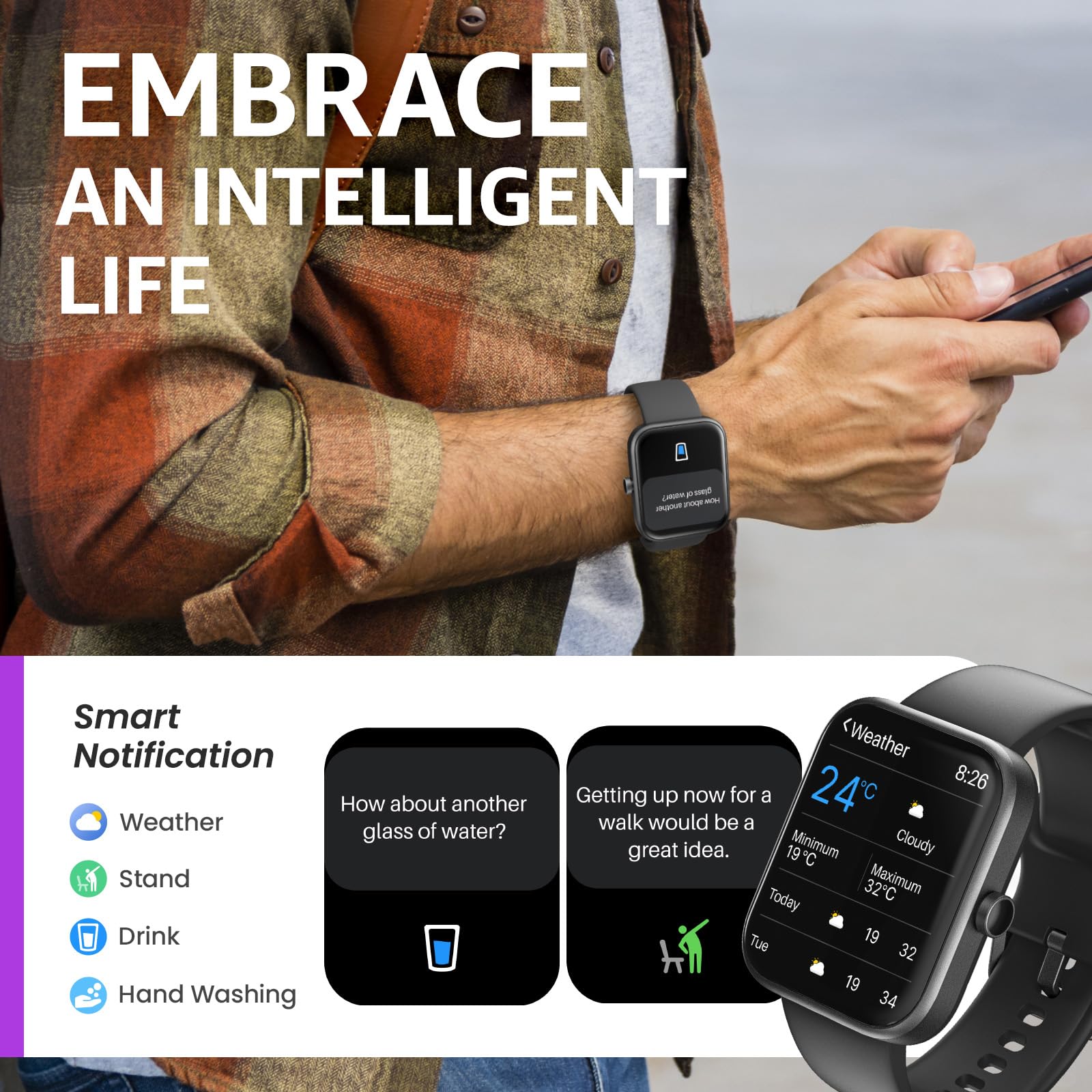 Tozo Smart Watch For Men Women For Iphone&Android, 1.83 Fitness Tracker Bluetooth Call [Answer/Make], Ip68 Waterproof Sleep Moni