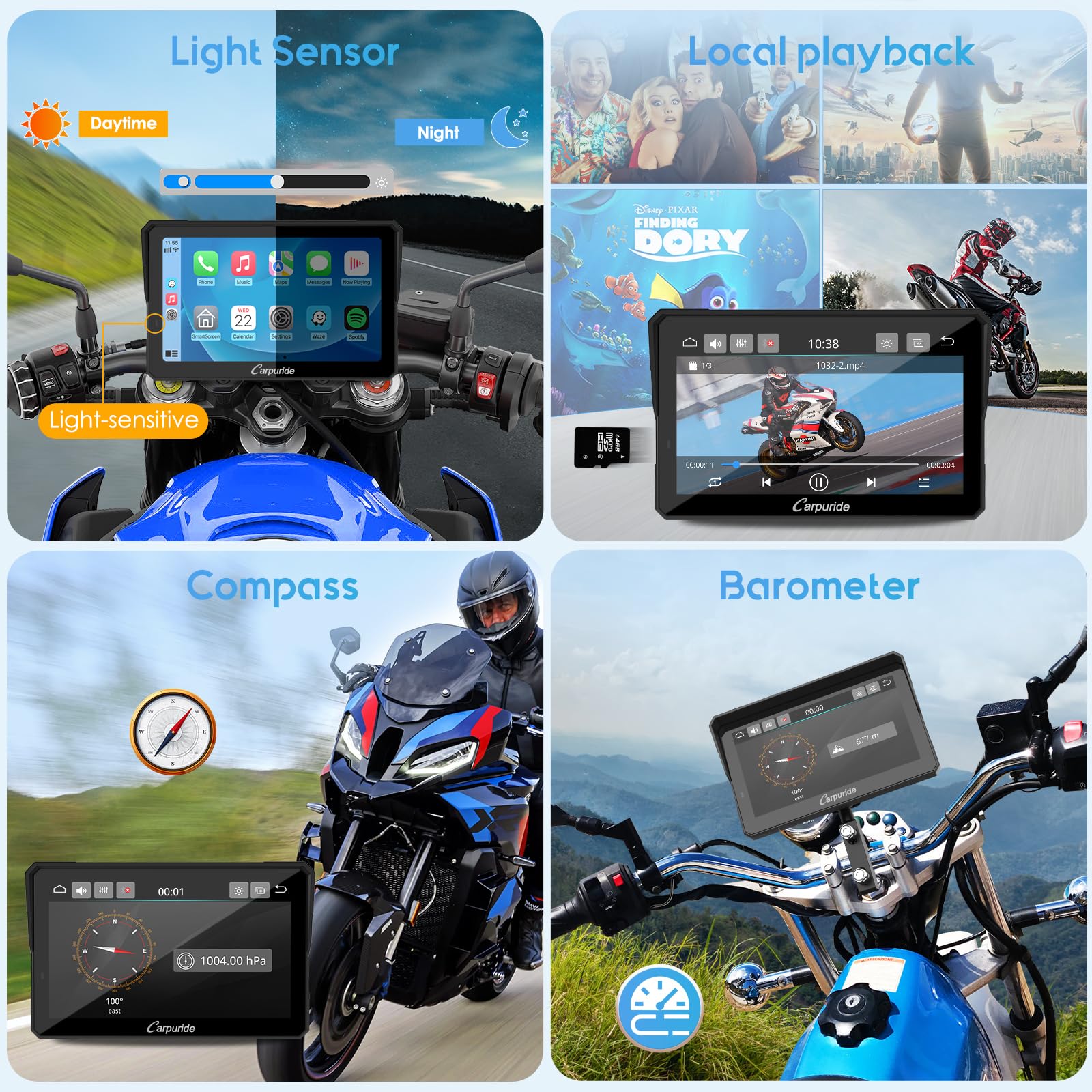 Carpuride W702Pro For Motorcycle Carplay& Android Auto& Dual Bluetooth - 7'' Waterproof Gps Navigation Screen For Motorbike, Mus