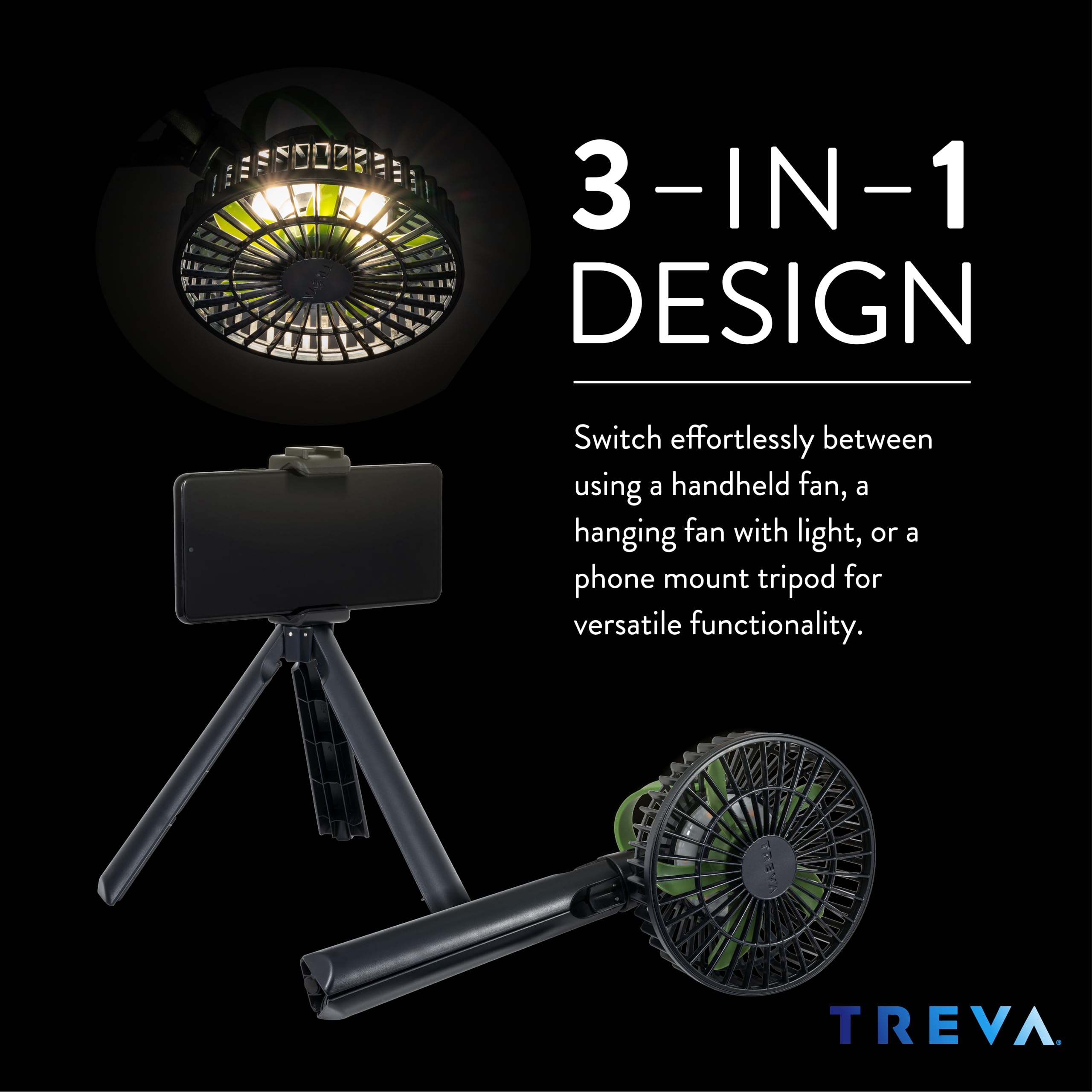 Treva 5 Inch Tripod Fan With Built-In Light And Attachable Phone Mount, Rechargeable 3-Speed Mini Fan With Handle For Travel, Ca