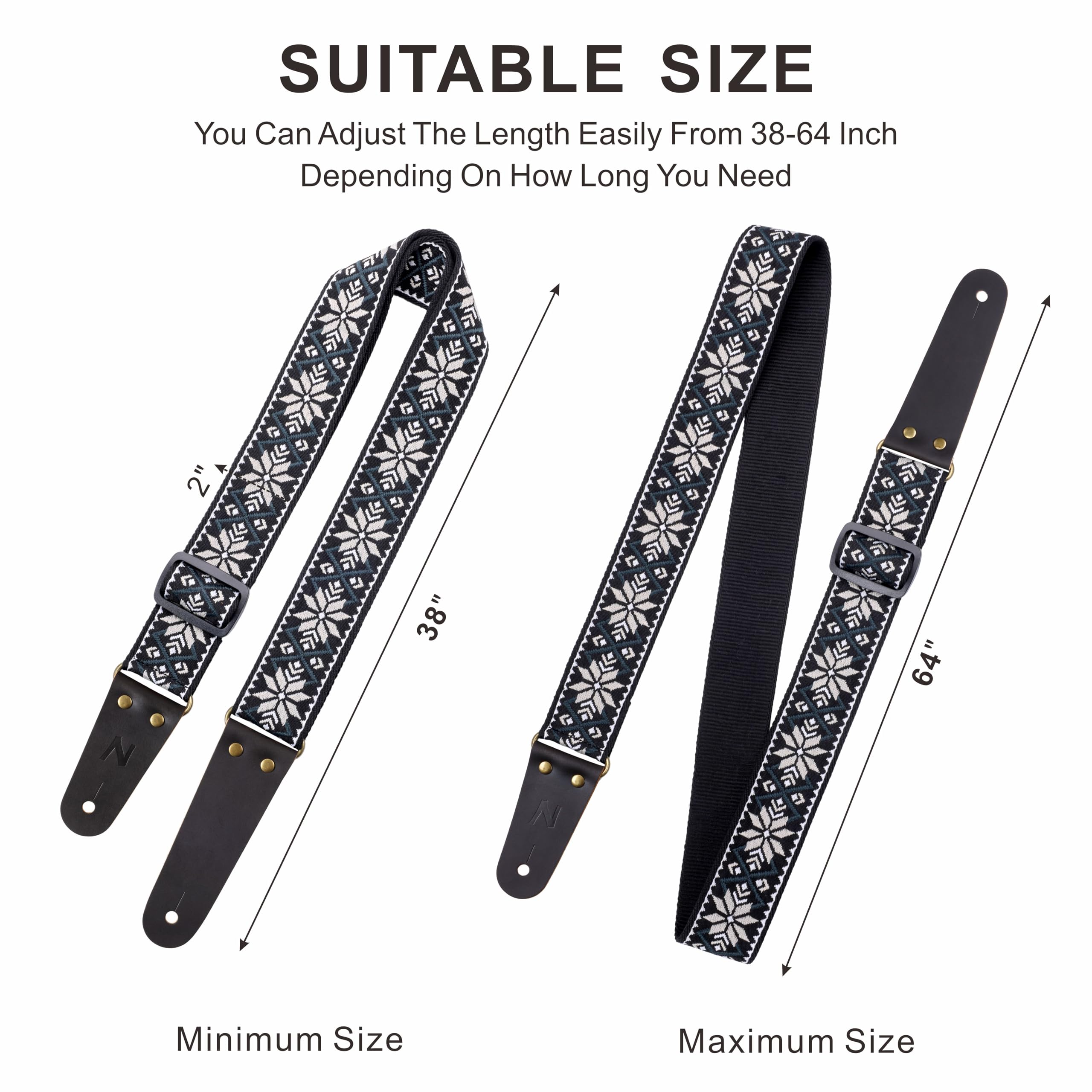 Nefelibata Guitar Strap, Vintage Embroidered Cotton Guitar Straps With Head Cowhide Leather Ends For Bass, Electric & Acoustic G