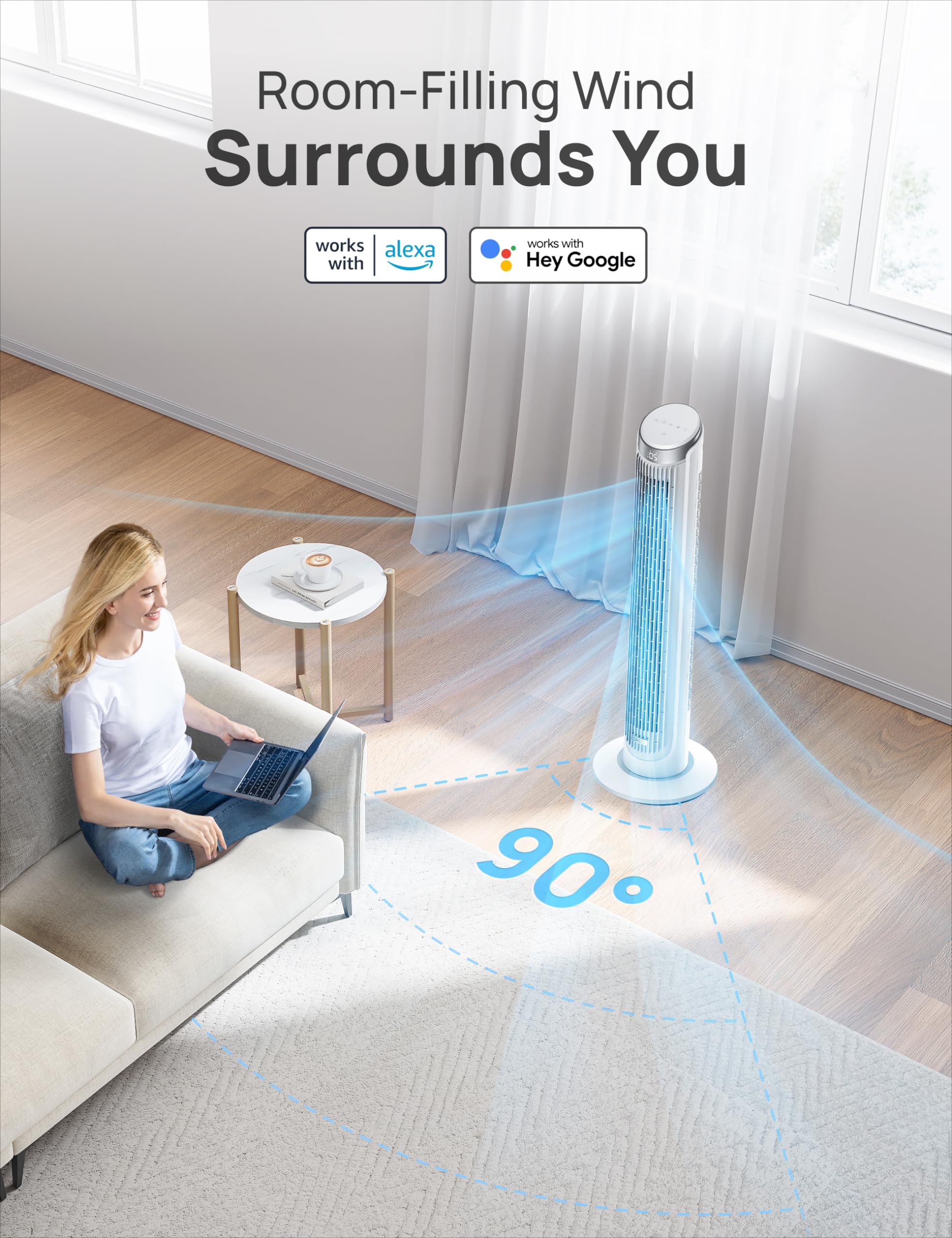 Dreo Smart Tower Fan For Bedroom, Standing Fans For Indoors, 90 Oscillating, 26Ft/S Velocity Quiet Floor Fan With Remote, 8H Tim