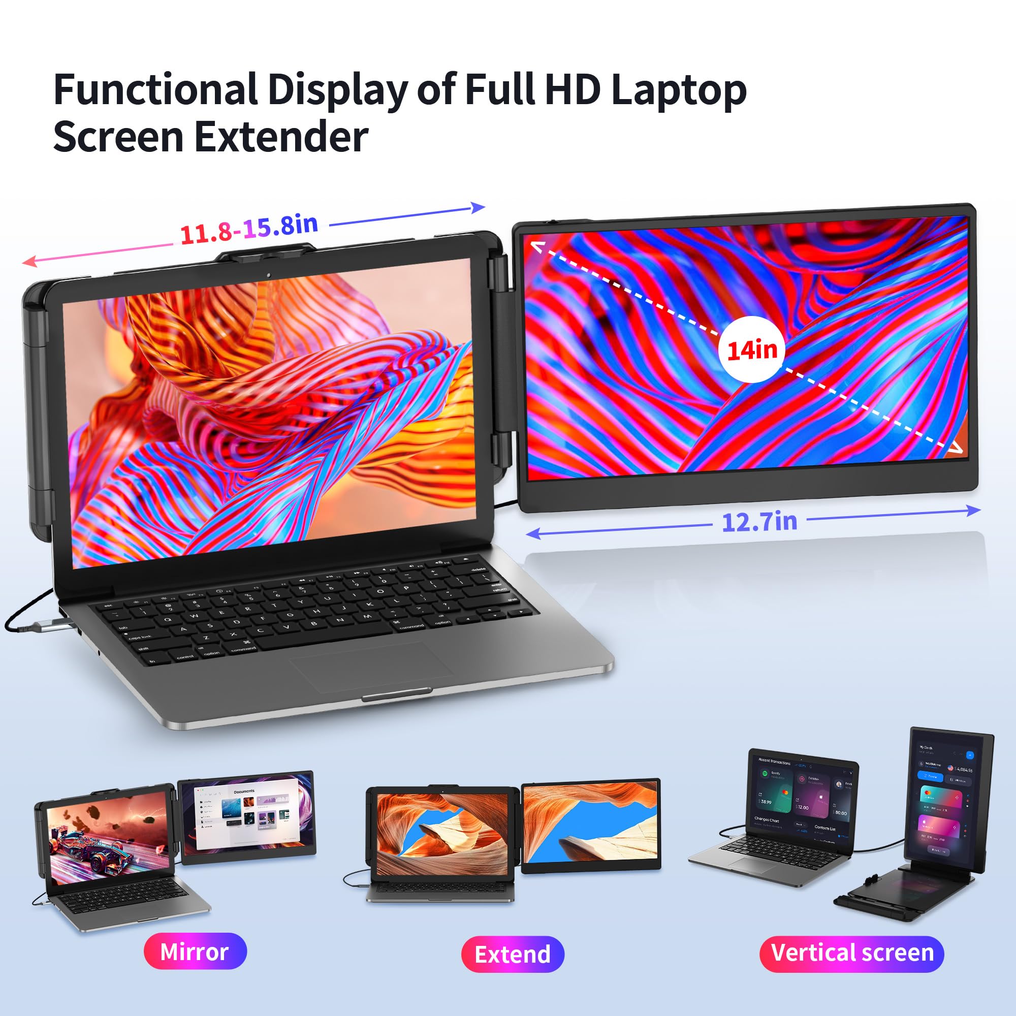 Laptop Screen Extender Portable Monitor, Dual Monitor Extender For Laptop, 14'' Screen 1080P Fhd Display, Fit For 13 17'' Laptop