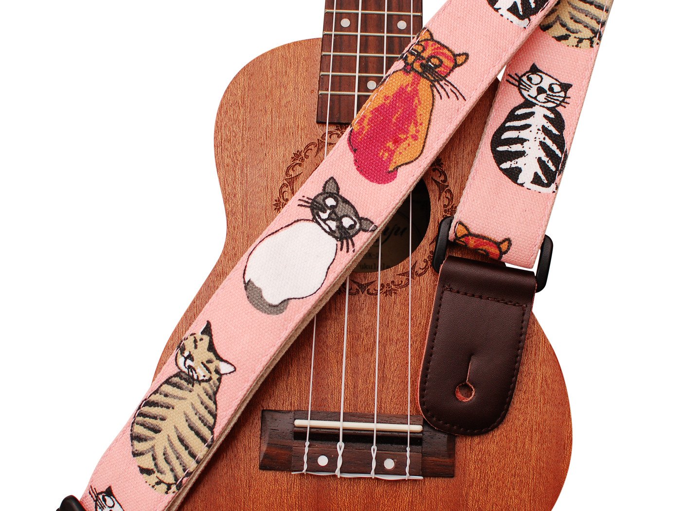Music First Original Design ''Miss Cat'' Soft Canvas & Genuine Leather Ukulele Strap Ukulele Shoulder Strap
