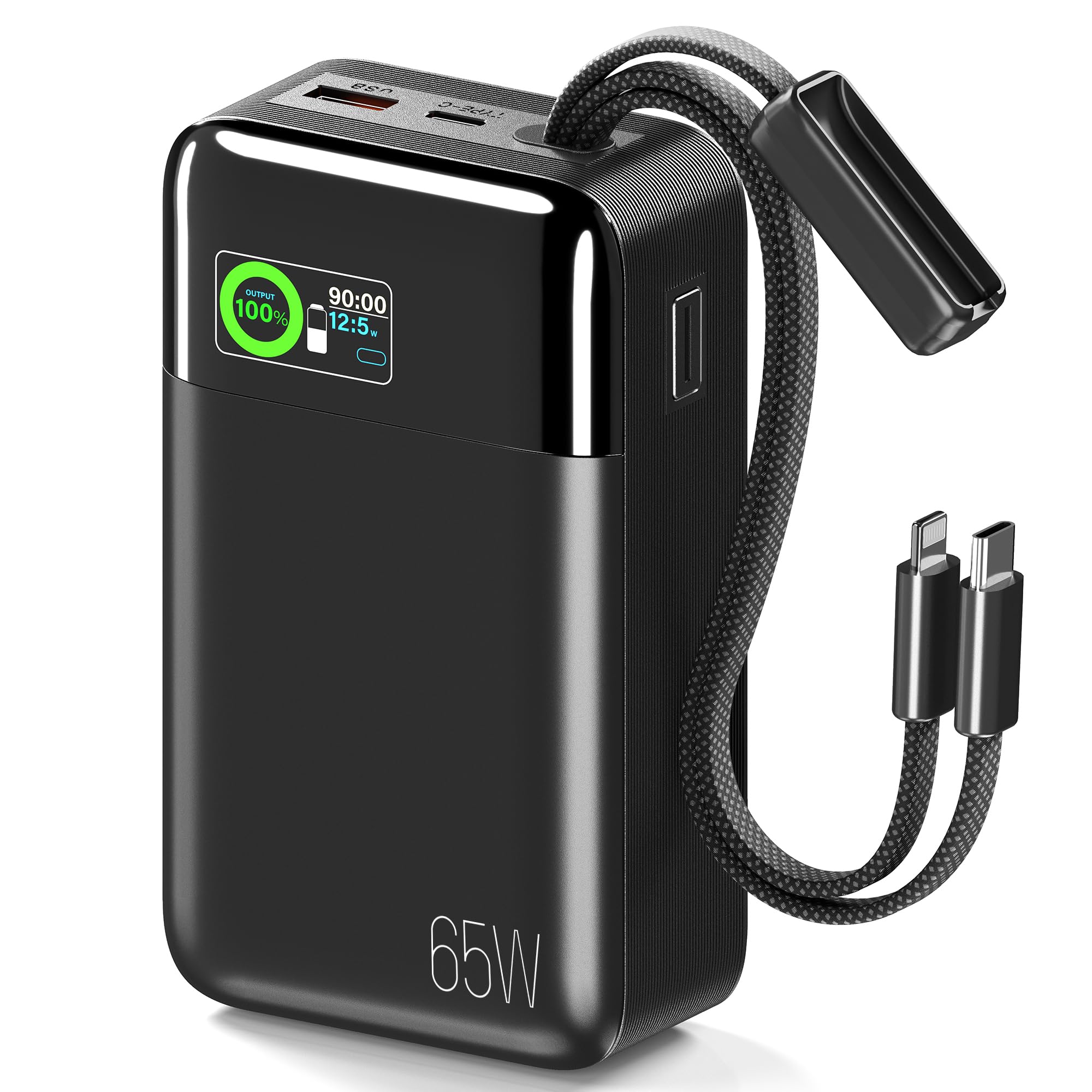 Feidyns 65W Portable Laptop Charger  42,800mAh Power Bank with Builtin 2 Braided Cables, 4Port 130W Total Fast Charging USBC