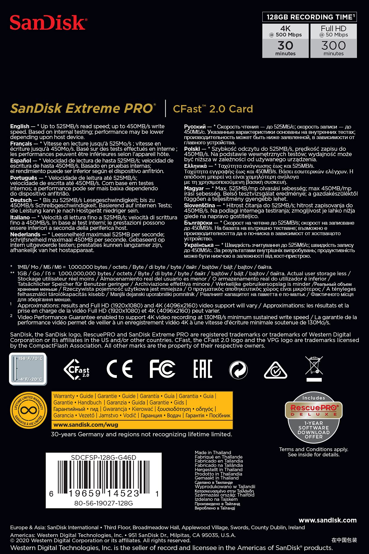 Sandisk 128Gb Extreme Pro Cfast 2.0 Memory Card - Sdcfsp-128G-G46D