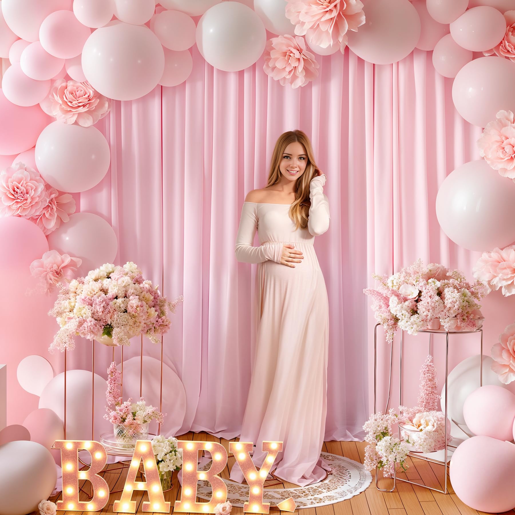 Baby Pink Backdrop Curtains For Parties, 8Ft X 10Ft Polyester Wrinkle Free Photography Backdrop Drapes For Birthday Baby Shower