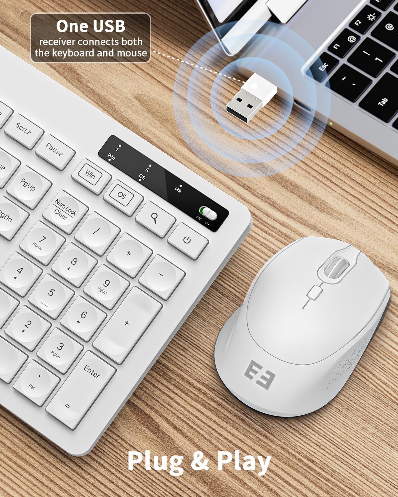 White Keyboard And Mouse Wireless, Seenda Full Size Keyboard With Phone Holder Usb A & Type C Receiver 2.4G Silent Usb Keyboard