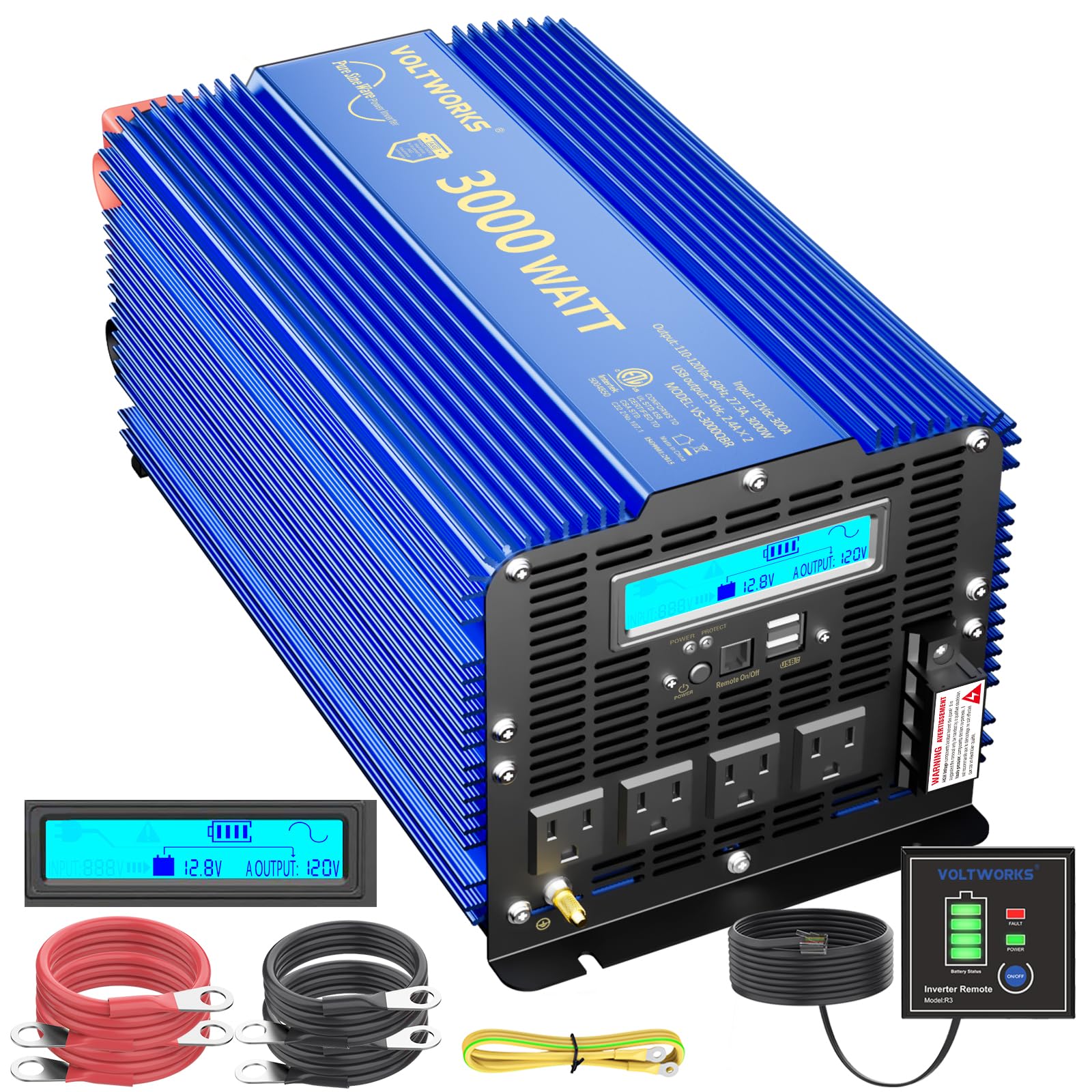 VOLTWORKS 3000W Pure Sine Wave Power Inverter 3000 Watt 12V DC to 110V 120V AC ETL Listed UL458 Compatible with Starlink & Lithi