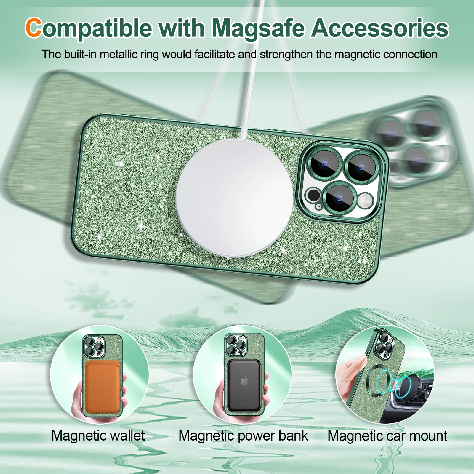 Hython For Iphone 12 Pro Case Glitter, Clear Magnetic Phone Cases With Camera Lens Protector [Compatible With Magsafe] Bling Spa