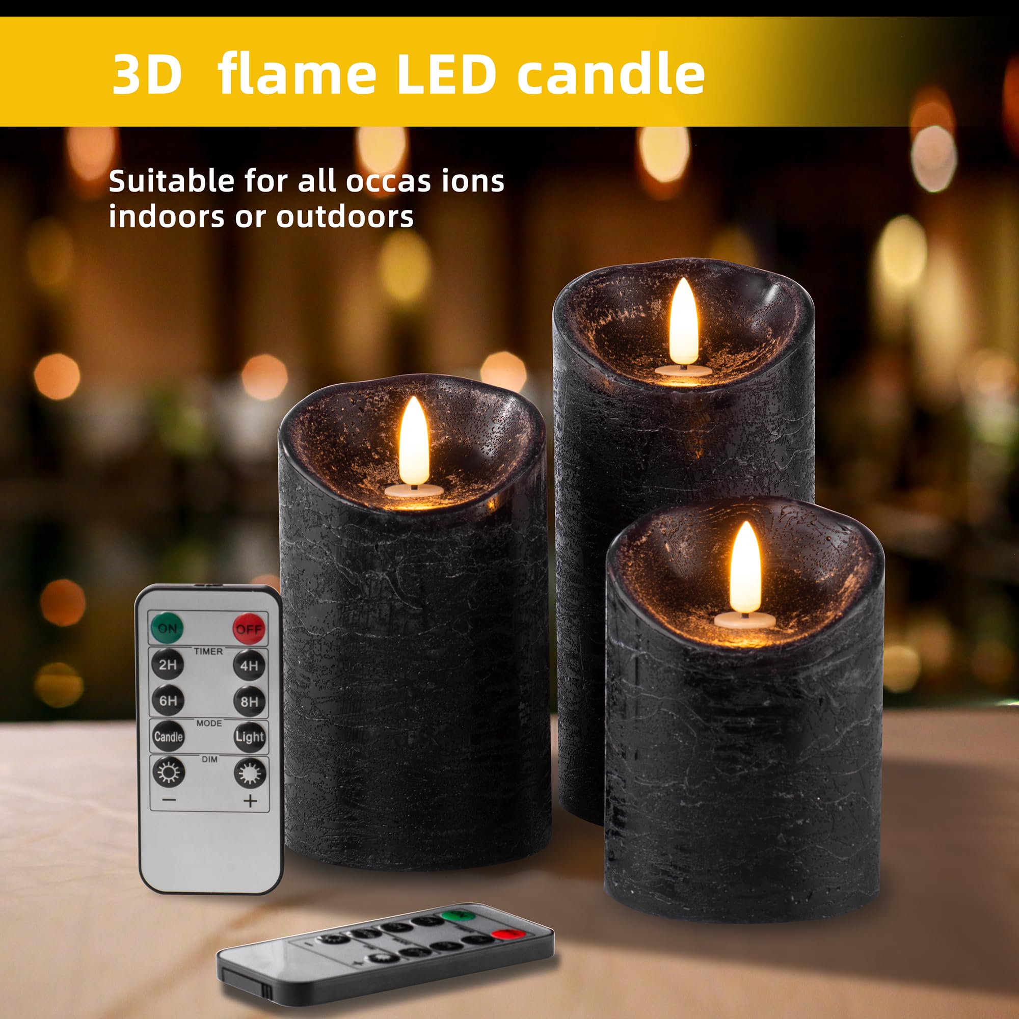 Pandaing Pack Of 3 Black Regular Textured Led Flameless Flickering Battery Operated Candles With Remote And Timer, Real Wax Pill