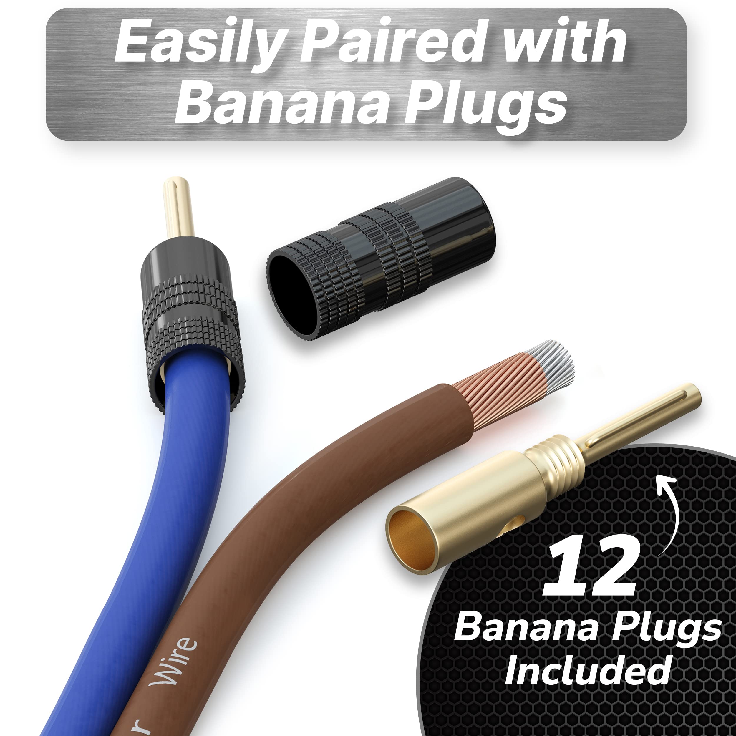 Installgear 14 Gauge Speaker Wire Cable With 12 Banana Plugs (100 Feet), 14 Awg Speaker Wire Cable Great For Car Speaker Wire 14 Gauge Car Speaker Stereos, Home Theater Speakers, Car Audio Wiring Kit