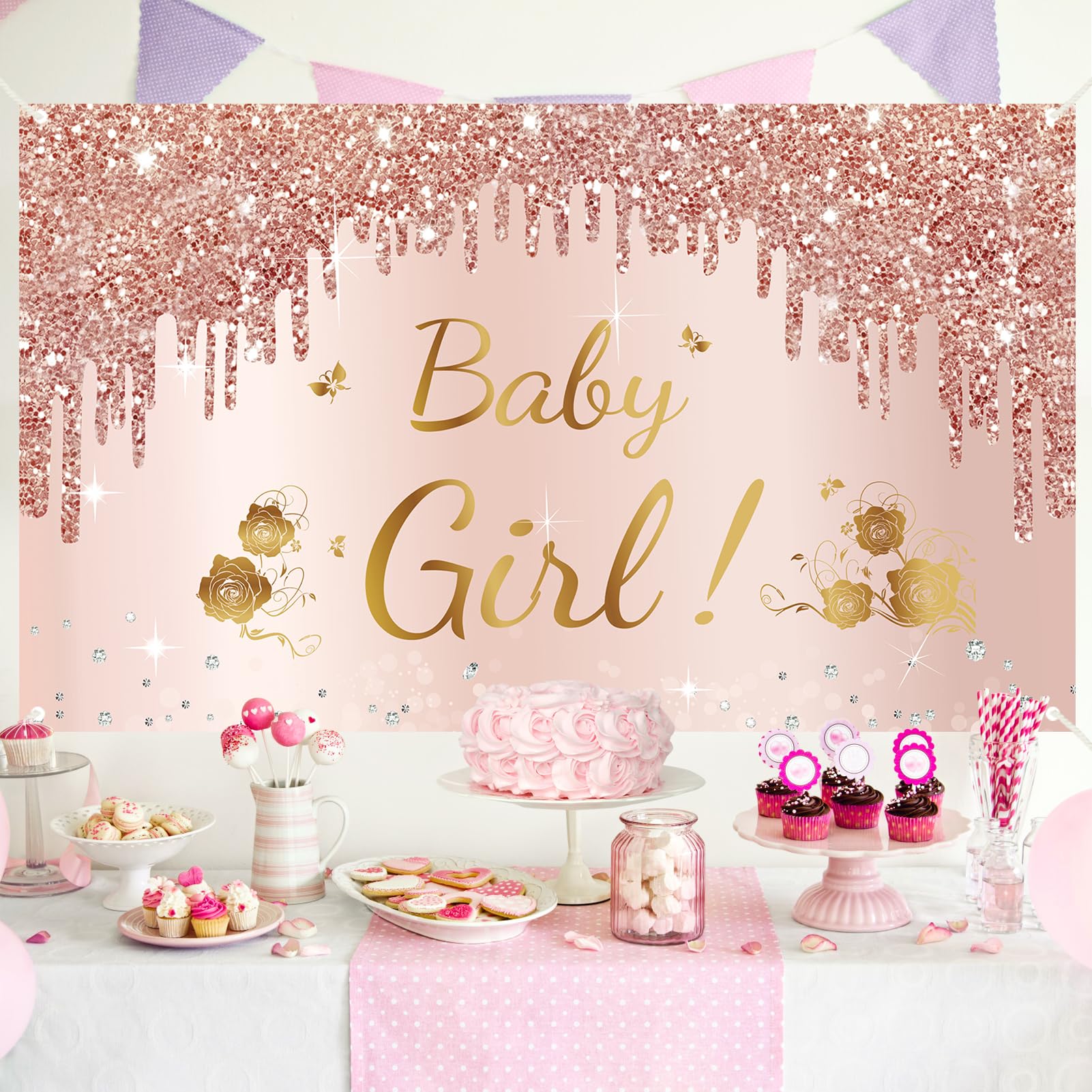 Baby Shower Decorations Baby Girl Banner, Pink Rose Gold Baby Girl Shower Backdrop Party Supplies, Pink Sweet Baby Shower Poster