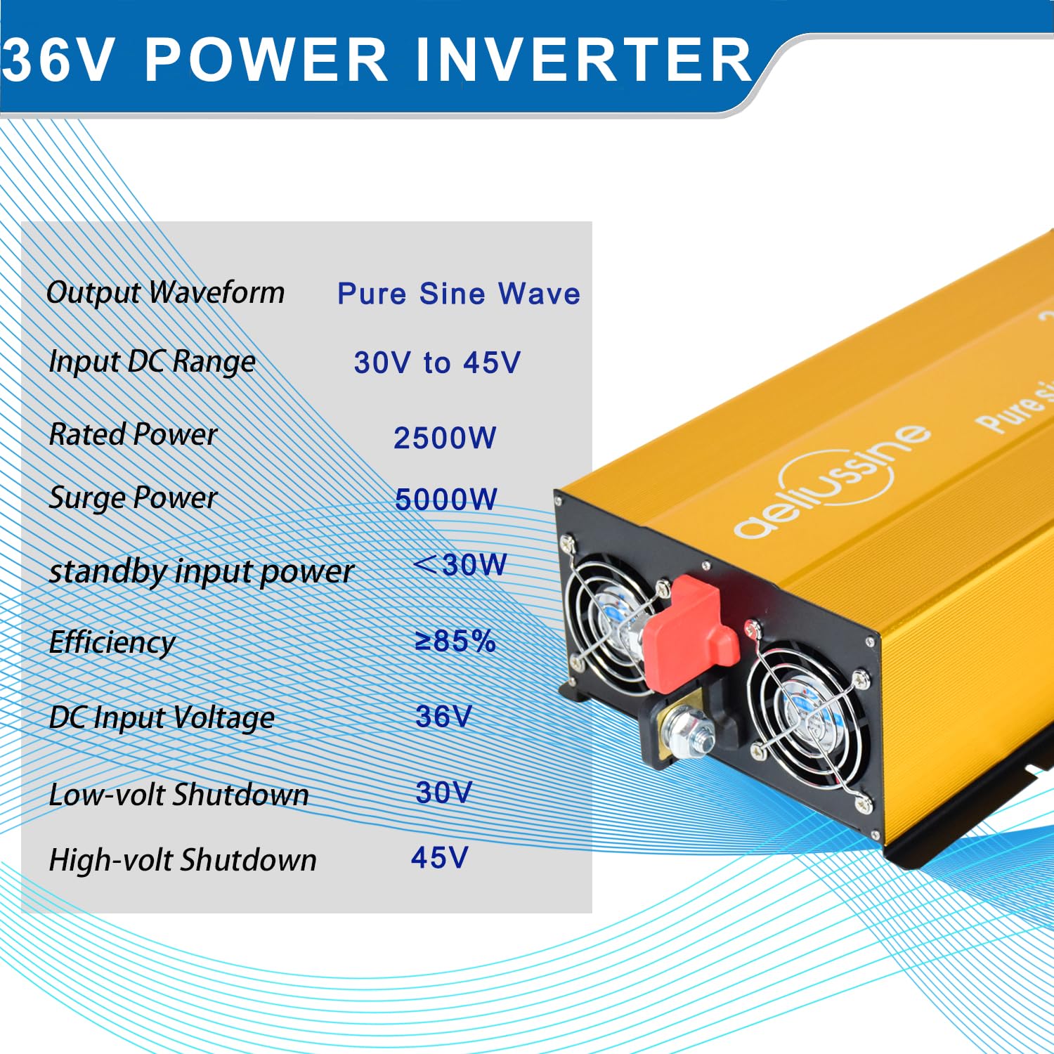 Aeliussine 2500W Pure Sine Wave Inverter-36V Dc To 110V 120V Ac Power Converter With 2 Ac Outlets, 36 Volt Power Inverter For Tr